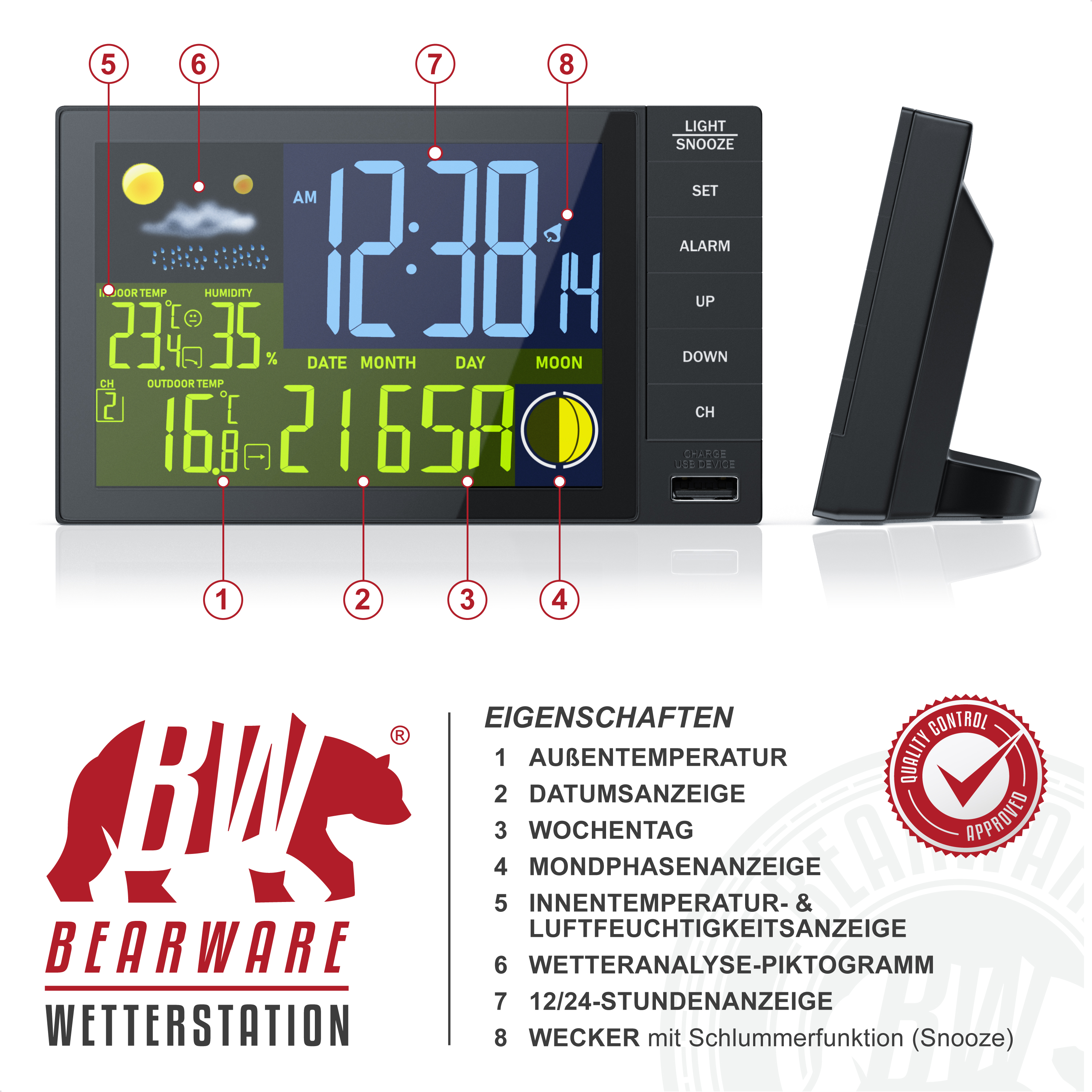 Digitale Wetterstation mit Display, Tasten, Temperatur-, Datums- und Mondphasenanzeige sowie Bär-Logo.