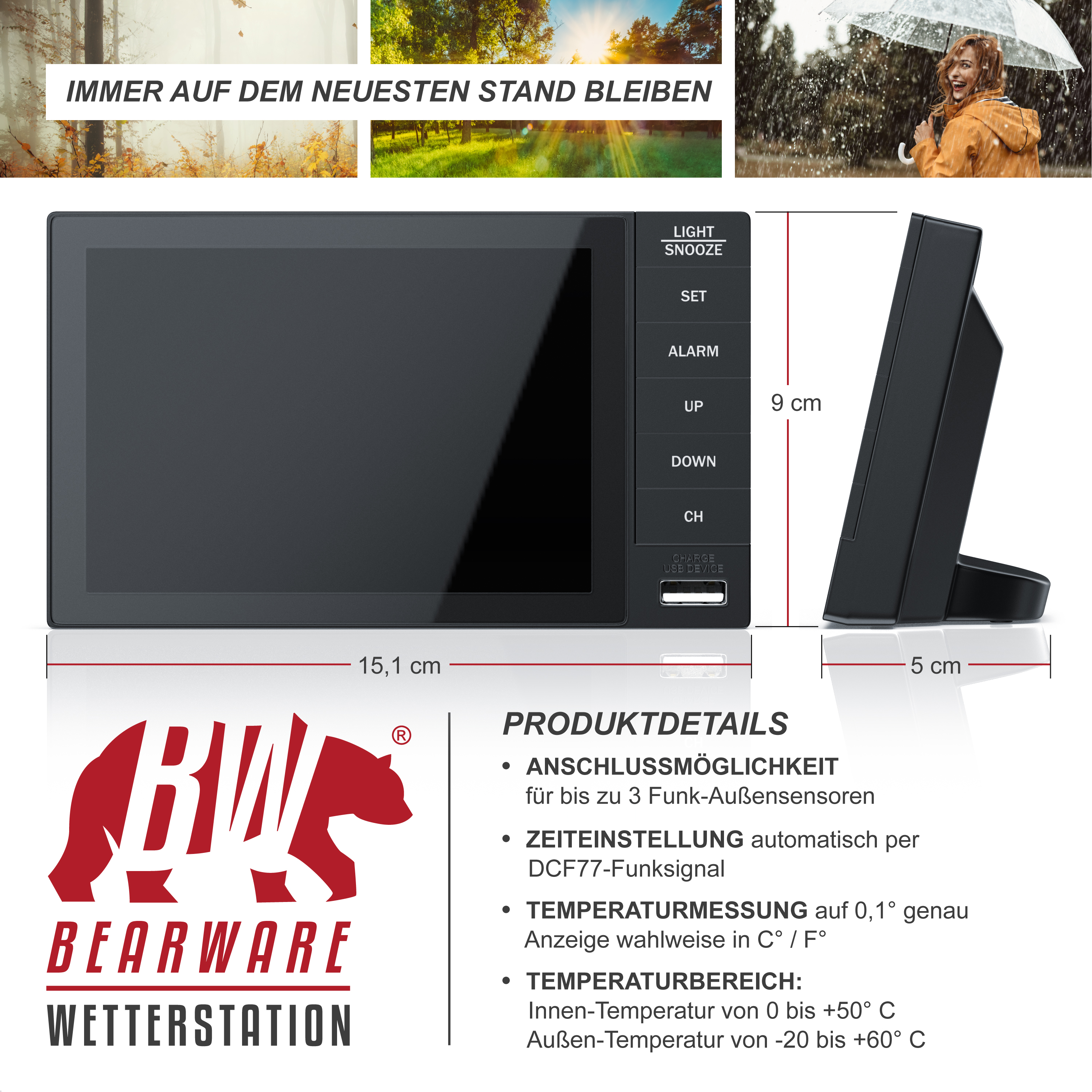 Technische Details einer schwarzen Bearware Wetterstation mit Maßen und Produktinformationen.