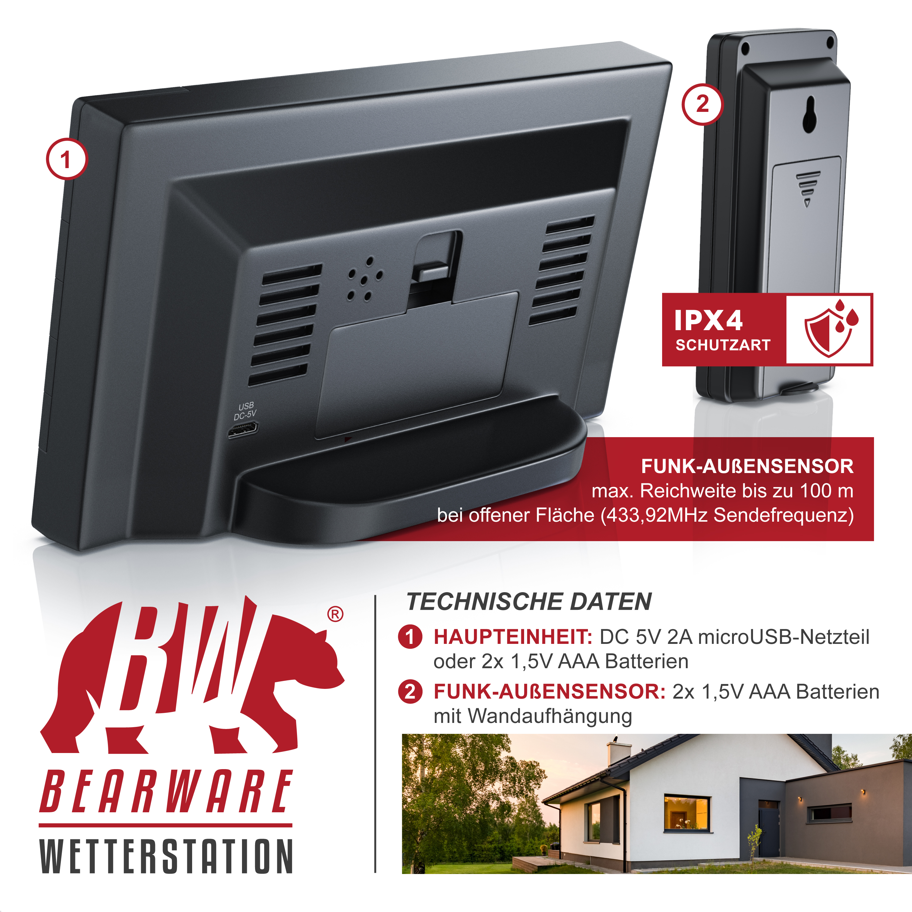 Bearware Wetterstation mit Haupteinheit, Außensensor, technischen Details und Markenlogo.