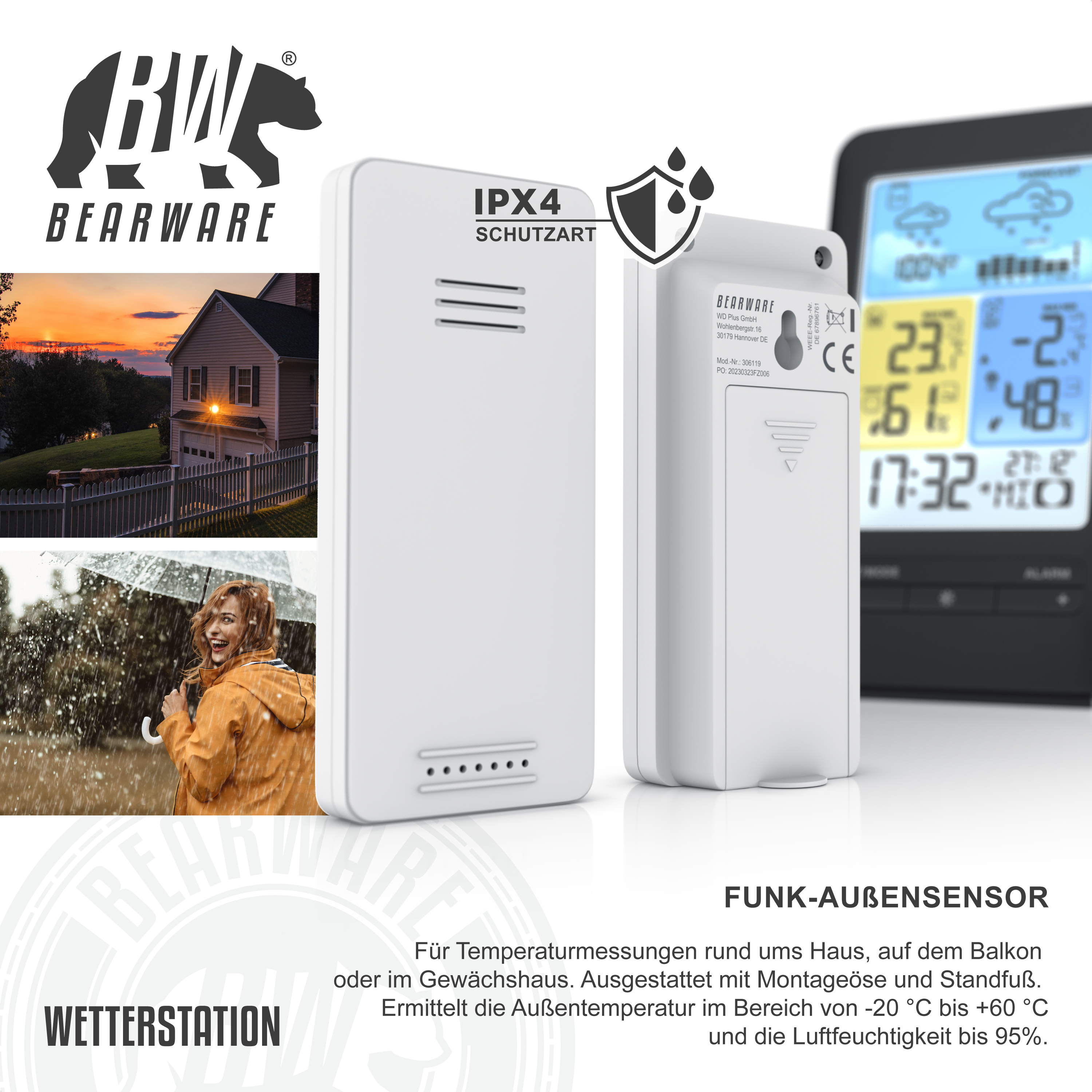 Produktwerbung für einen Funk-Außensensor mit IPX4 Schutz, Wetterstation, Haus und Frau im Regen.