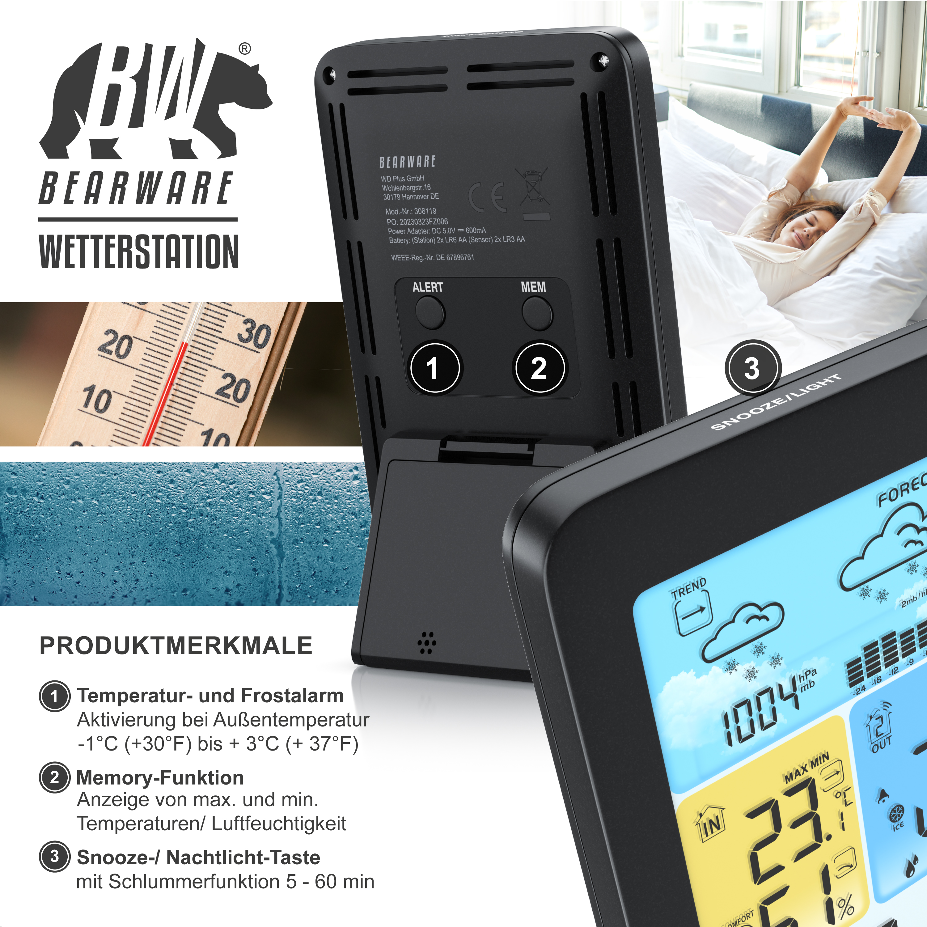 Produktübersicht einer Bearware Wetterstation mit Funktionen wie Alarm, Memory und Snooze.