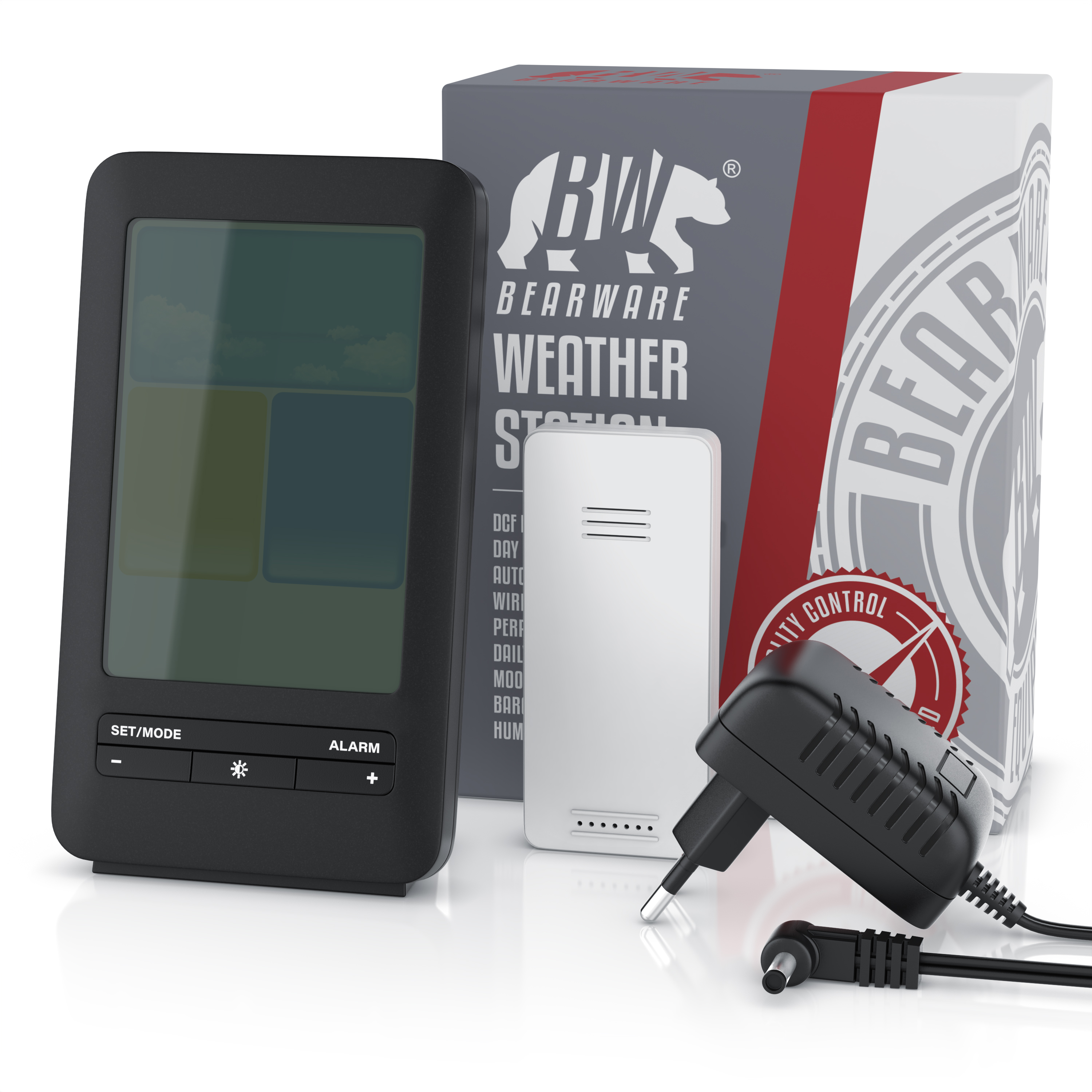 Eine schwarze Wetterstation mit Display, weißer Sensor, schwarzes Netzteil und die zugehörige Produktverpackung.
