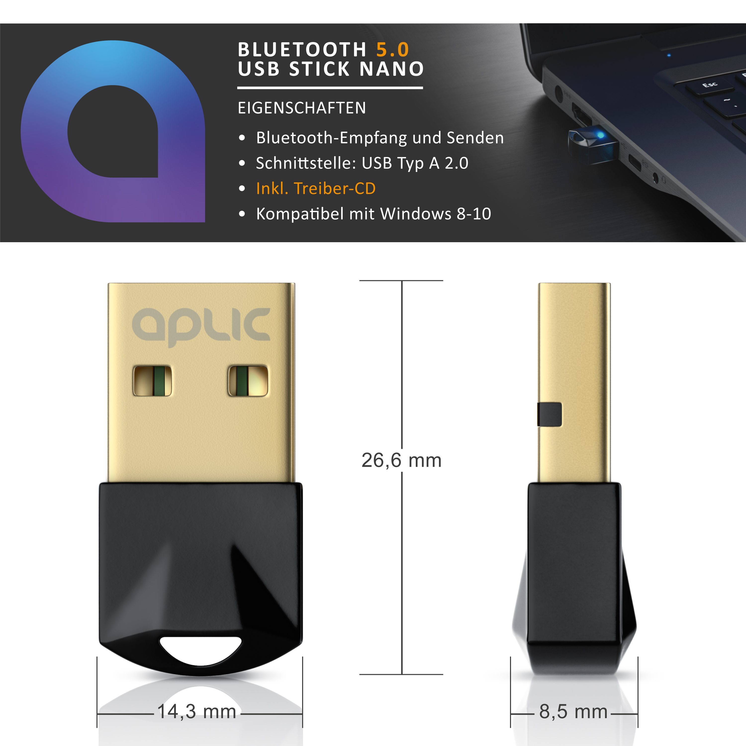 Bluetooth 5.0 USB Nano-Stick mit technischen Details und Maßen in Millimetern dargestellt.