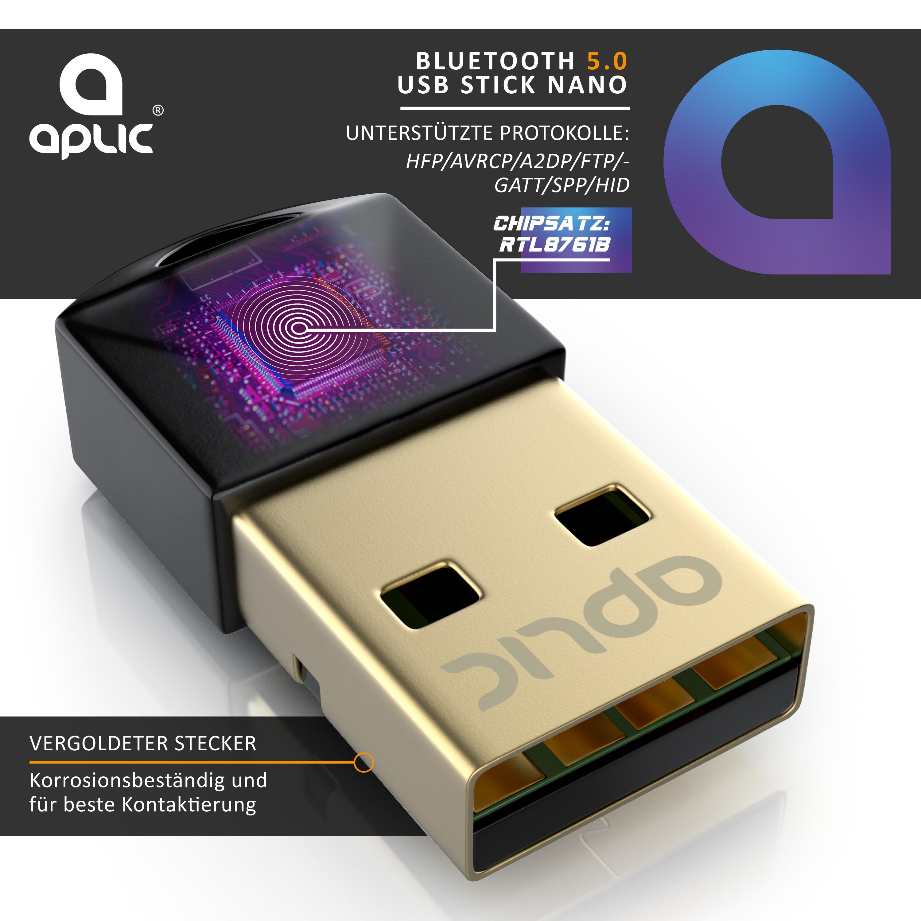 Abolic Bluetooth 5.0 USB Stick Nano mit goldenem Stecker und Chipgrafik.