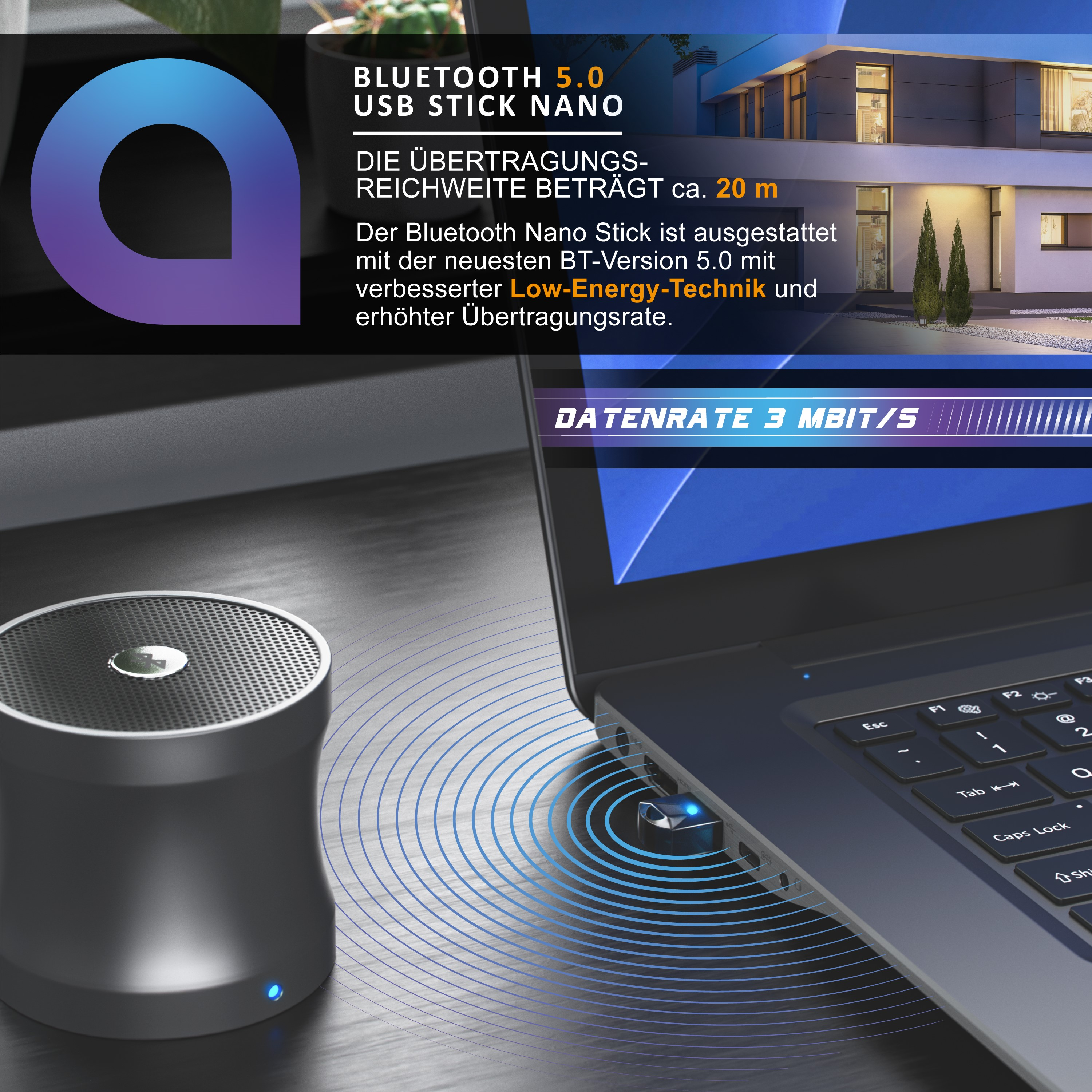 Bluetooth 5.0 USB Stick Nano mit Laptop verbunden, neben einem runden Lautsprecher und deutschem Werbetext.