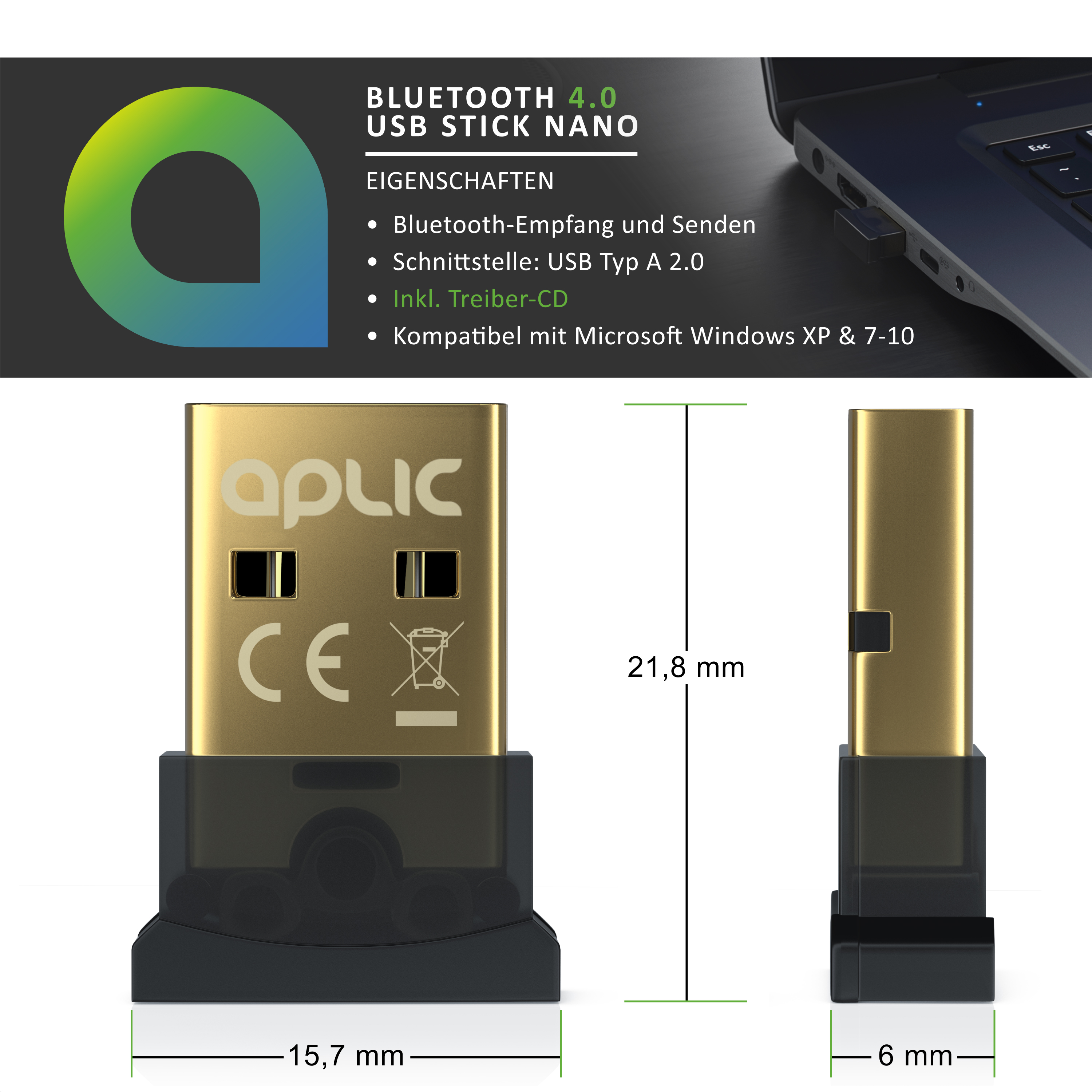 Goldener Bluetooth 4.0 USB Nano Adapter mit Maßangaben von 21,8 x 15,7 x 6 mm und Produktdetails.