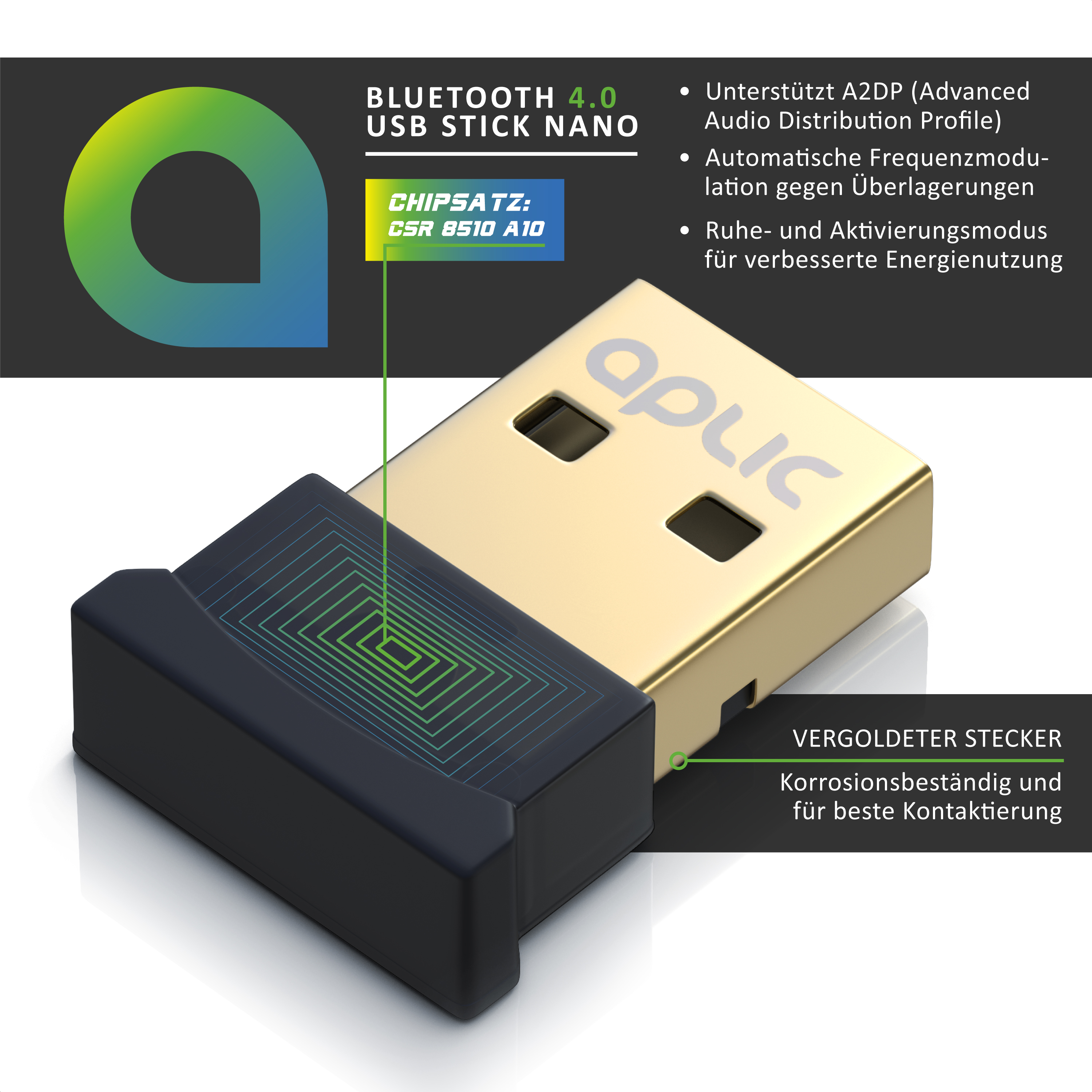 Ein goldener USB-Bluetooth-Stick 4.0 mit schwarzem Deckel und Funktionsbeschreibungen.