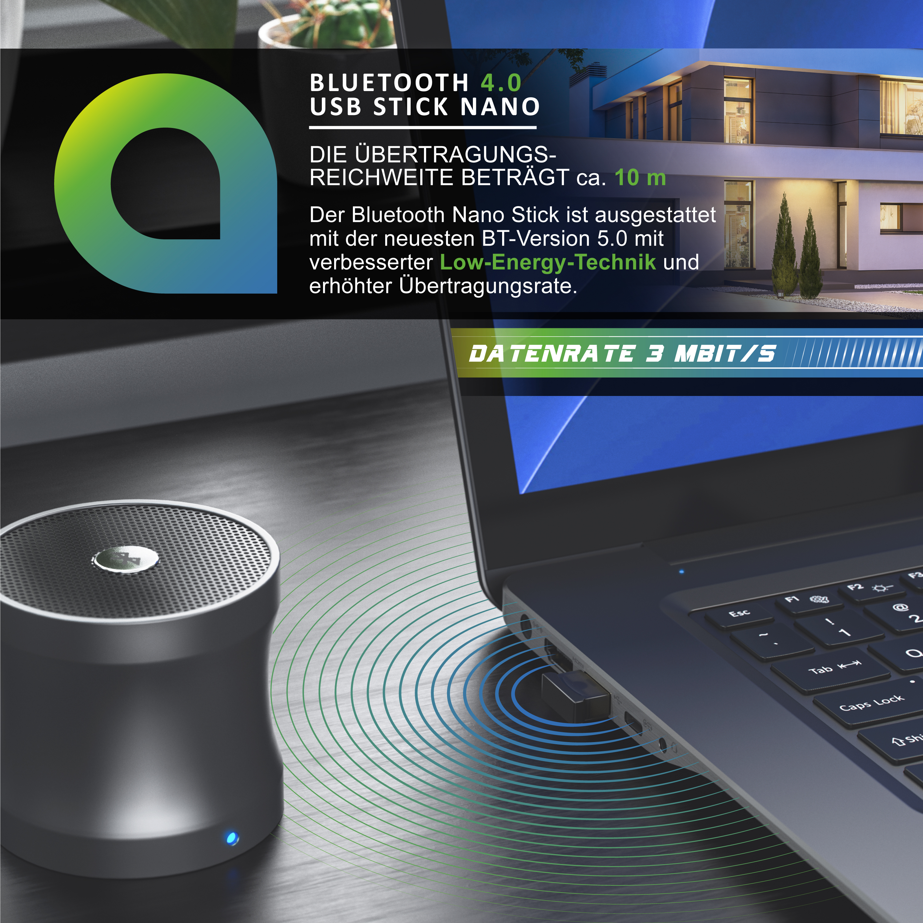 Ein Bluetooth-USB-Stick in einem Laptop, verbunden mit einem runden silbernen Lautsprecher, mit Textüberlagerungen.