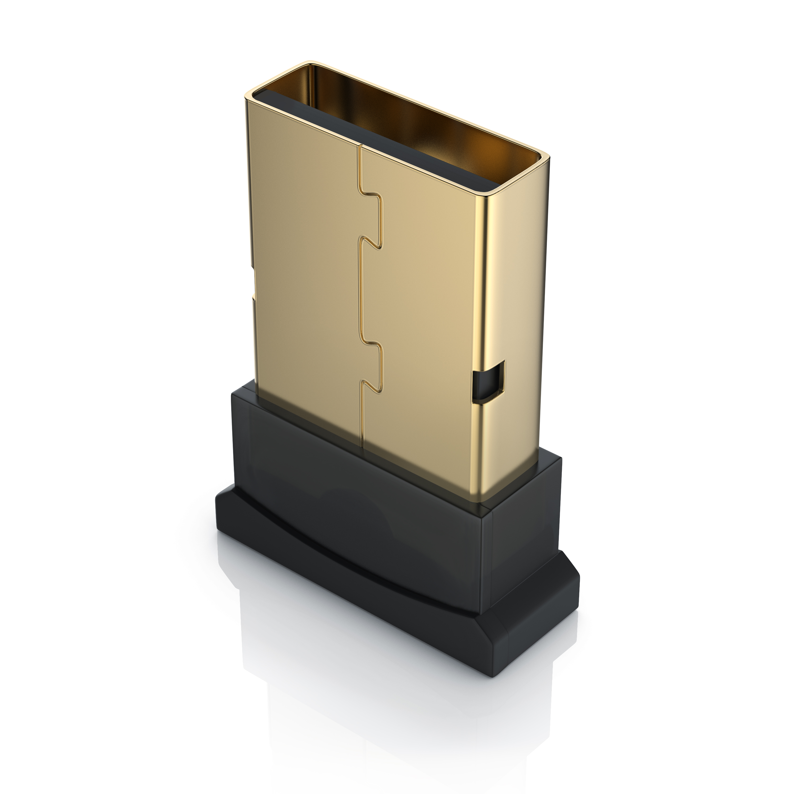 Ein goldener USB-Stecker mit Puzzle-Muster in einem schwarzen Standfuß auf weißem Hintergrund.
