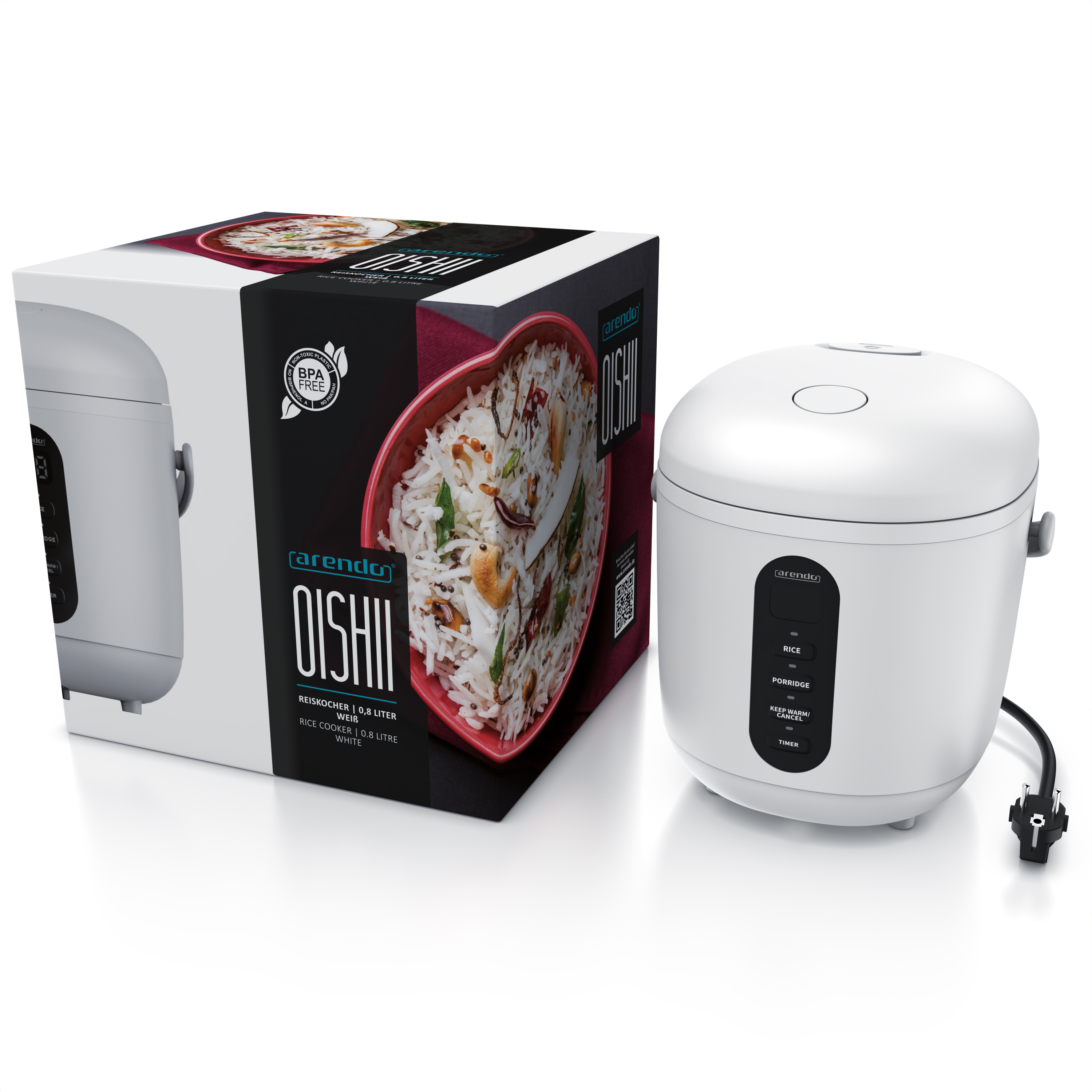 Ein weißer Arendo Oishii Reiskocher mit Produktverpackung auf weißem Hintergrund.
