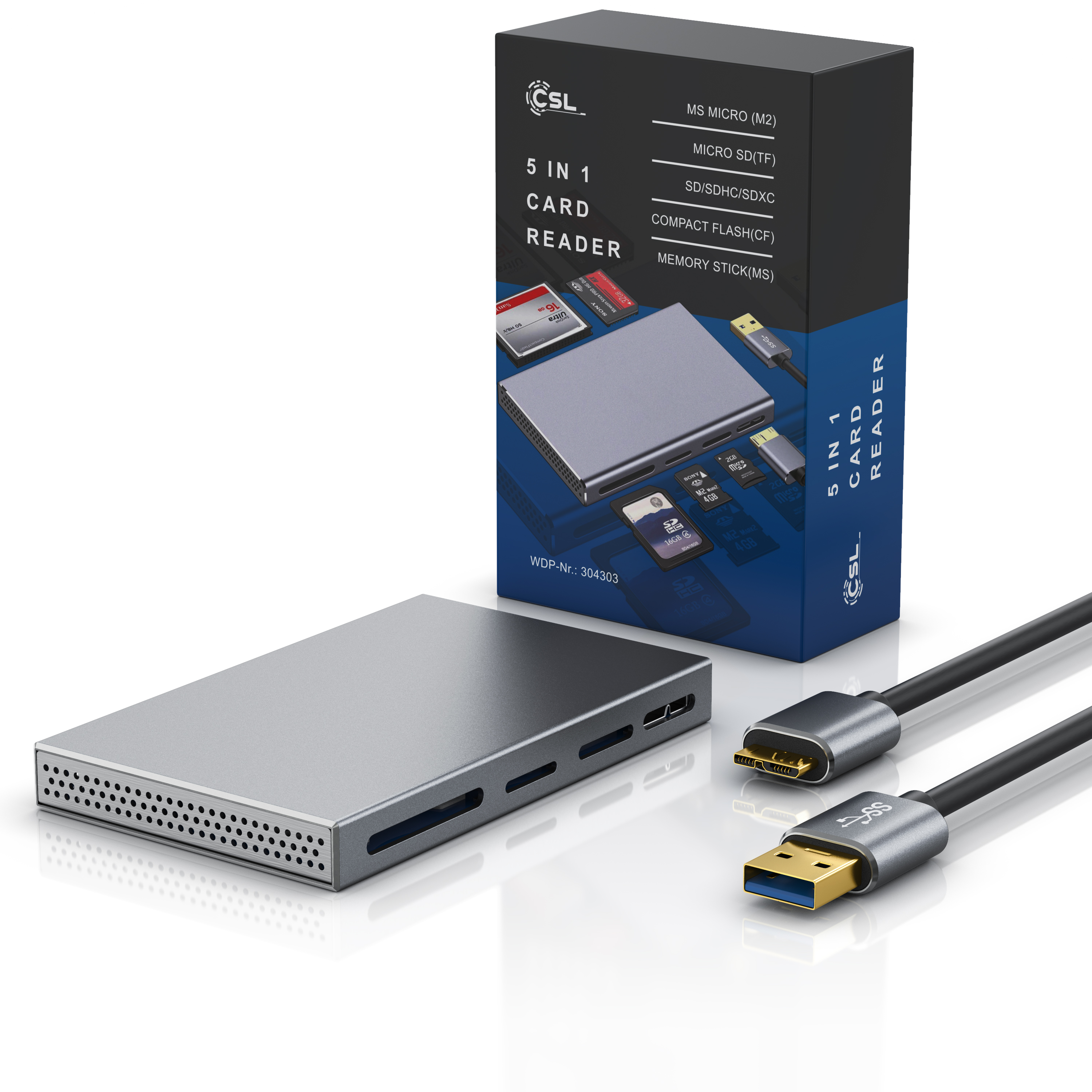 Grauer 5-in-1-Kartenleser mit USB-Kabel und bedruckter Verpackungsbox.