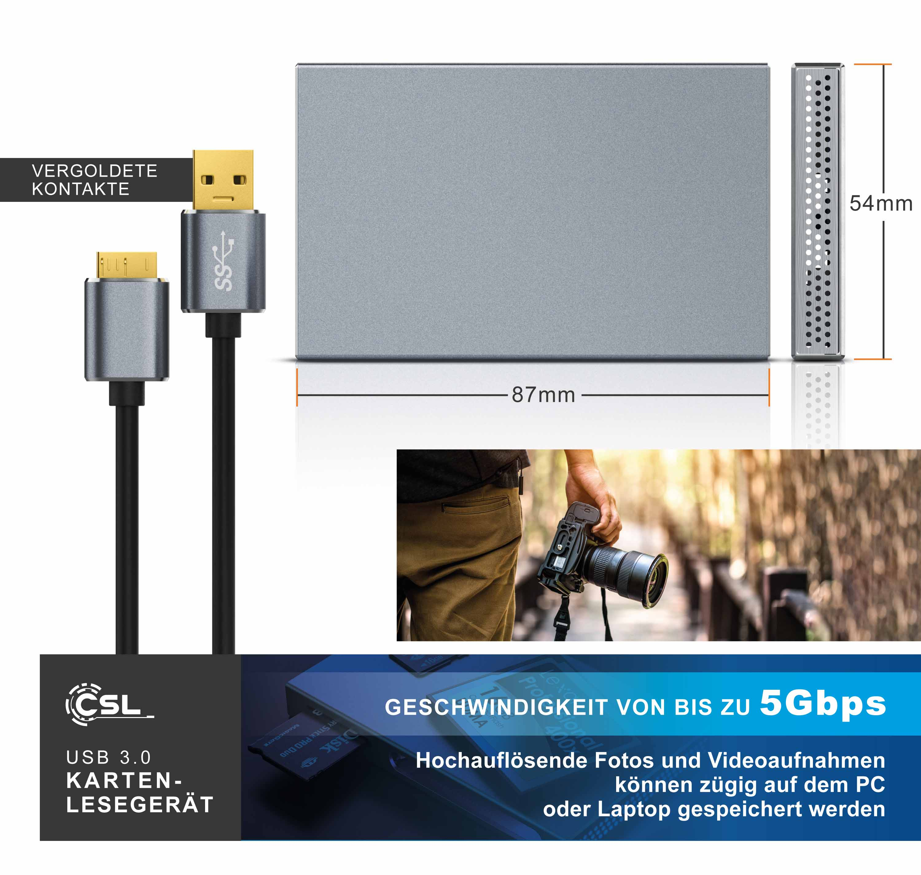 Graues USB 3.0 Kartenlesegerät mit Kabel, Abmessungen von 87mm und 54mm, und Text über 5Gbps Geschwindigkeit.