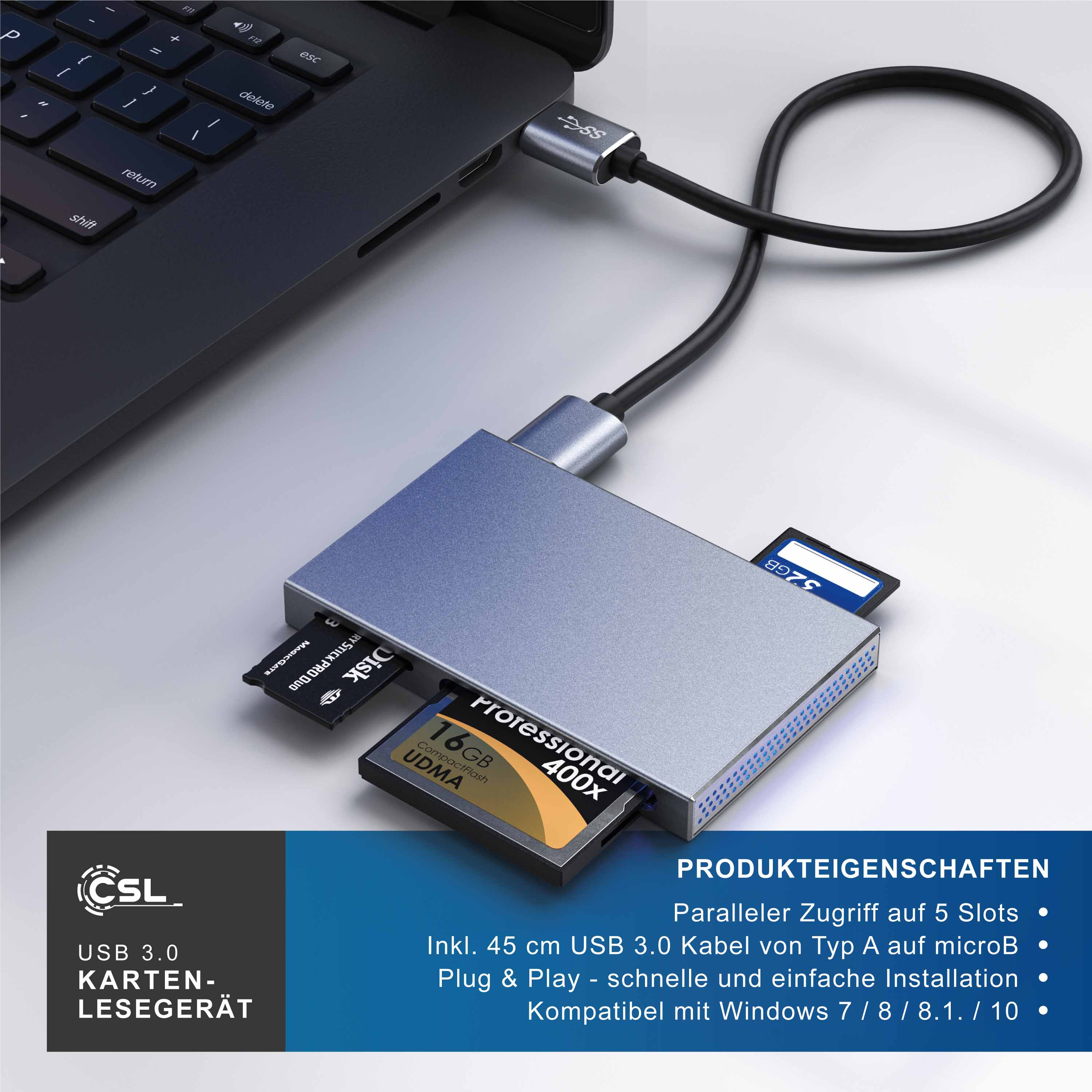 Ein silberner USB 3.0 Kartenleser mit mehreren eingesteckten Speicherkarten ist an einen Laptop angeschlossen.