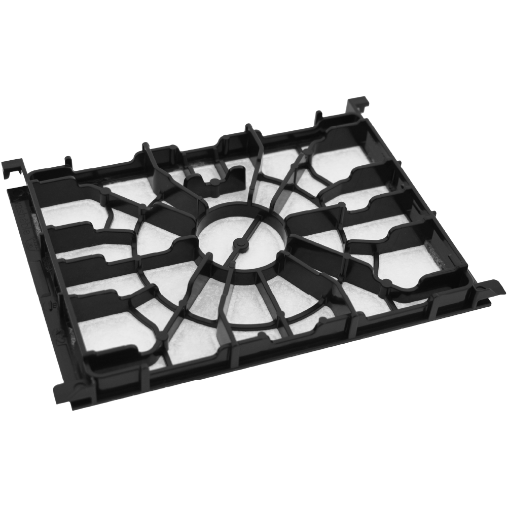 Un telaio per filtro rettangolare in plastica nera con materiale filtrante bianco all'interno, su sfondo bianco.