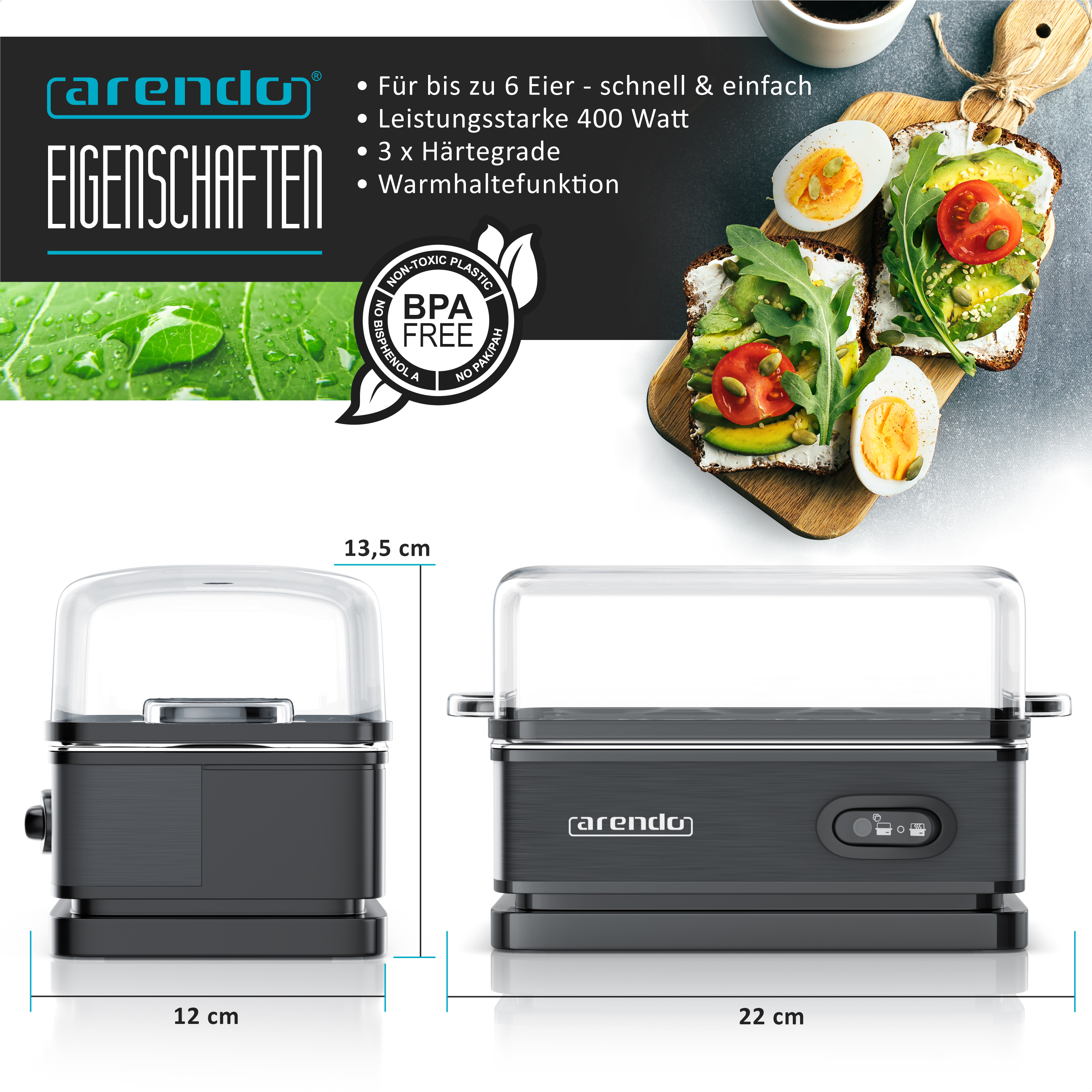 Arendo Eierkocher in Schwarz mit Maßen und AVocado-Brot als Deko.