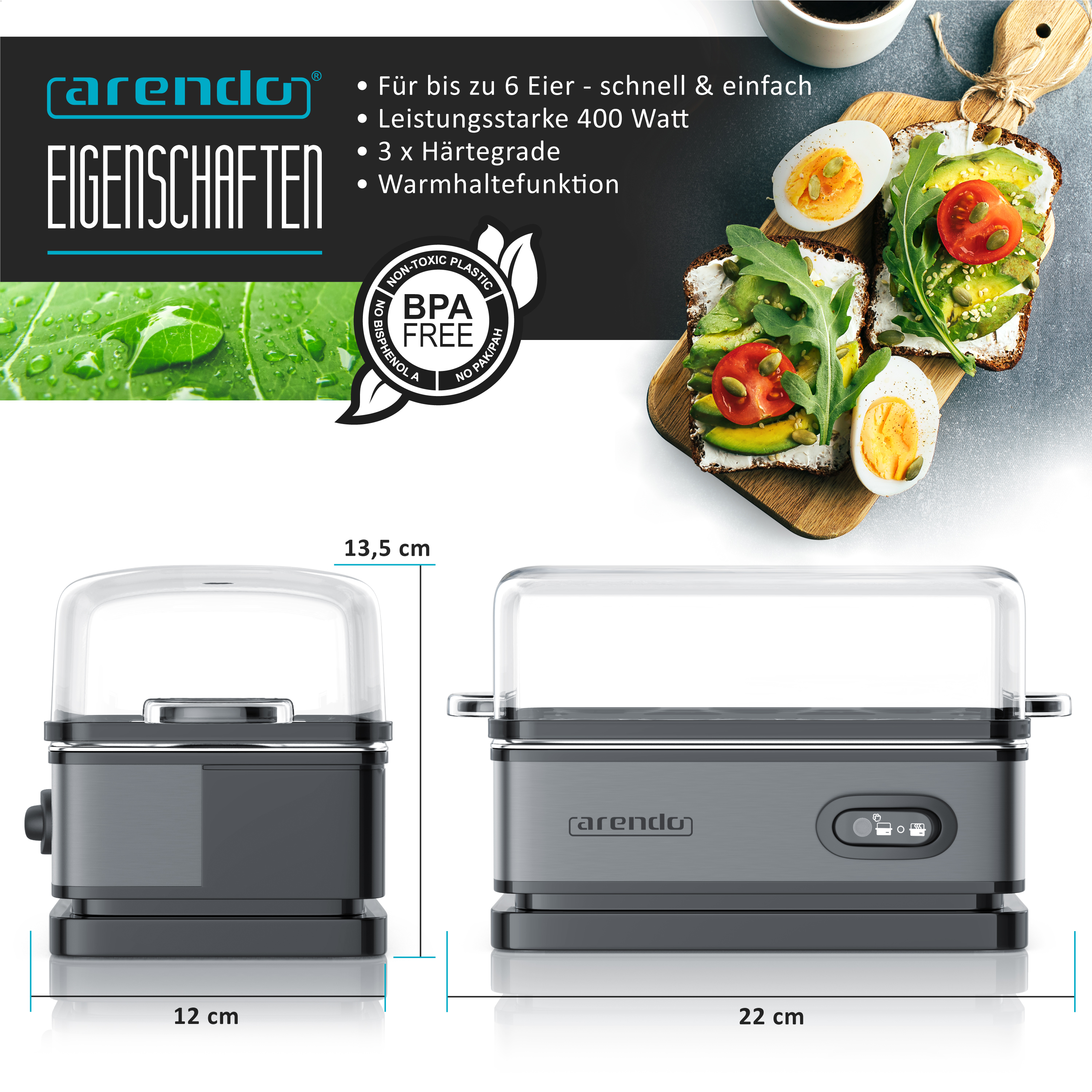 Arendo Eierkocher in Grau mit Maßen, Merkmalen und Avocadobrot-Bild oben.