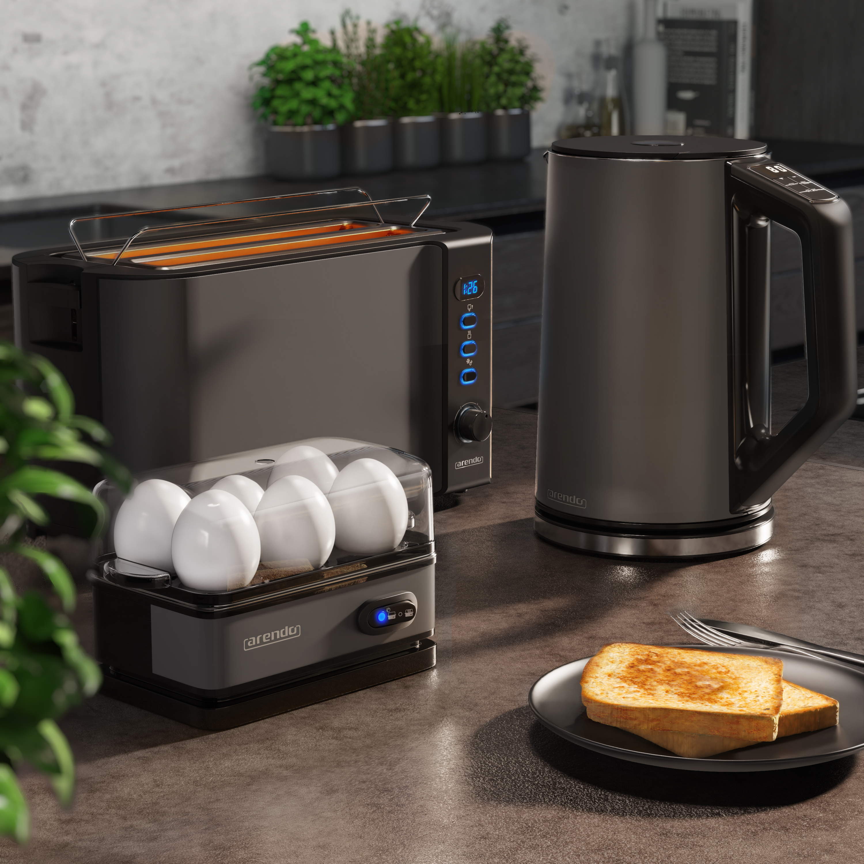Schwarze Küche mit Toaster, Eierkocher, Wasserkocher und Toast.
