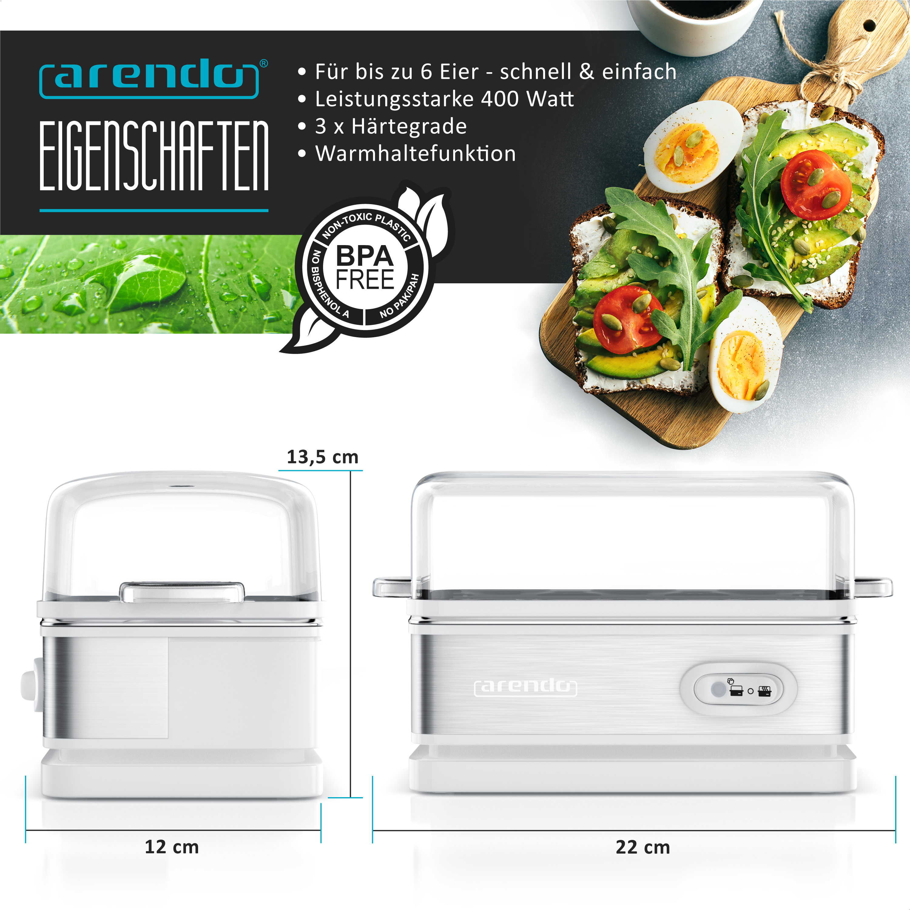 Arendo Eierkocher mit Maßen, Merkmalen, BPA-frei-Siegel und Avocadobrot im Hintergrund.