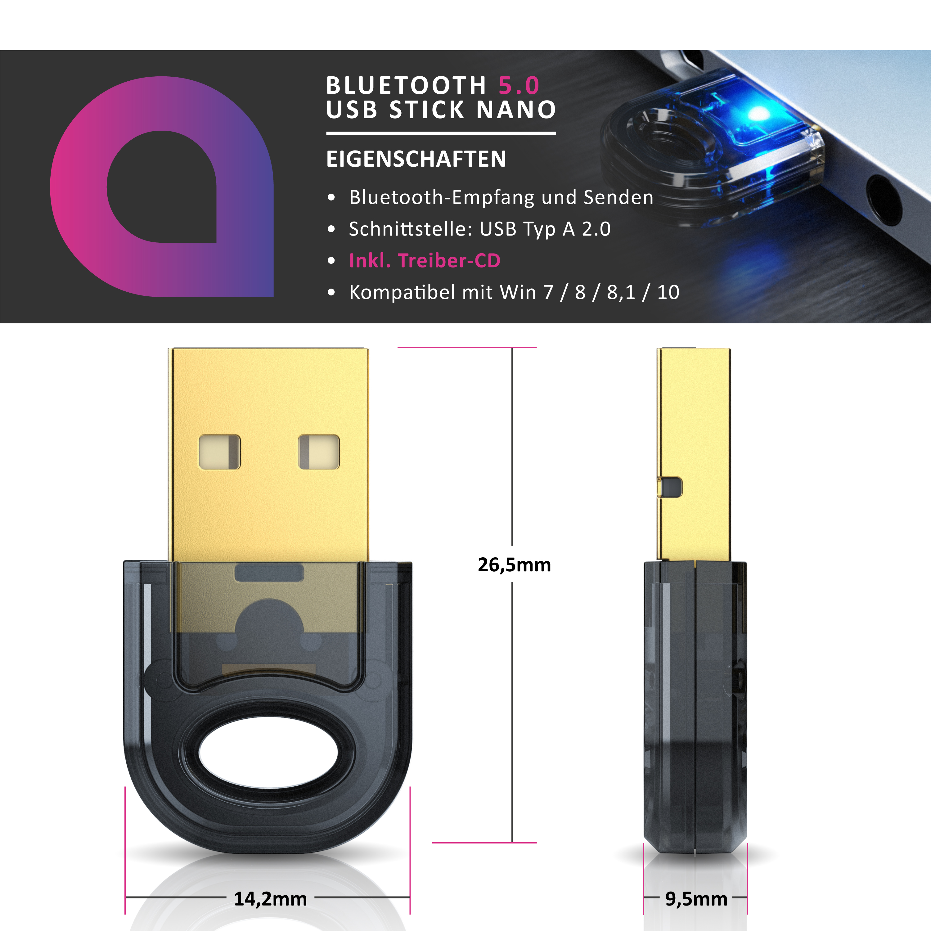 Bluetooth 5.0 USB Nano Stick mit Abmessungen und technischen Daten.