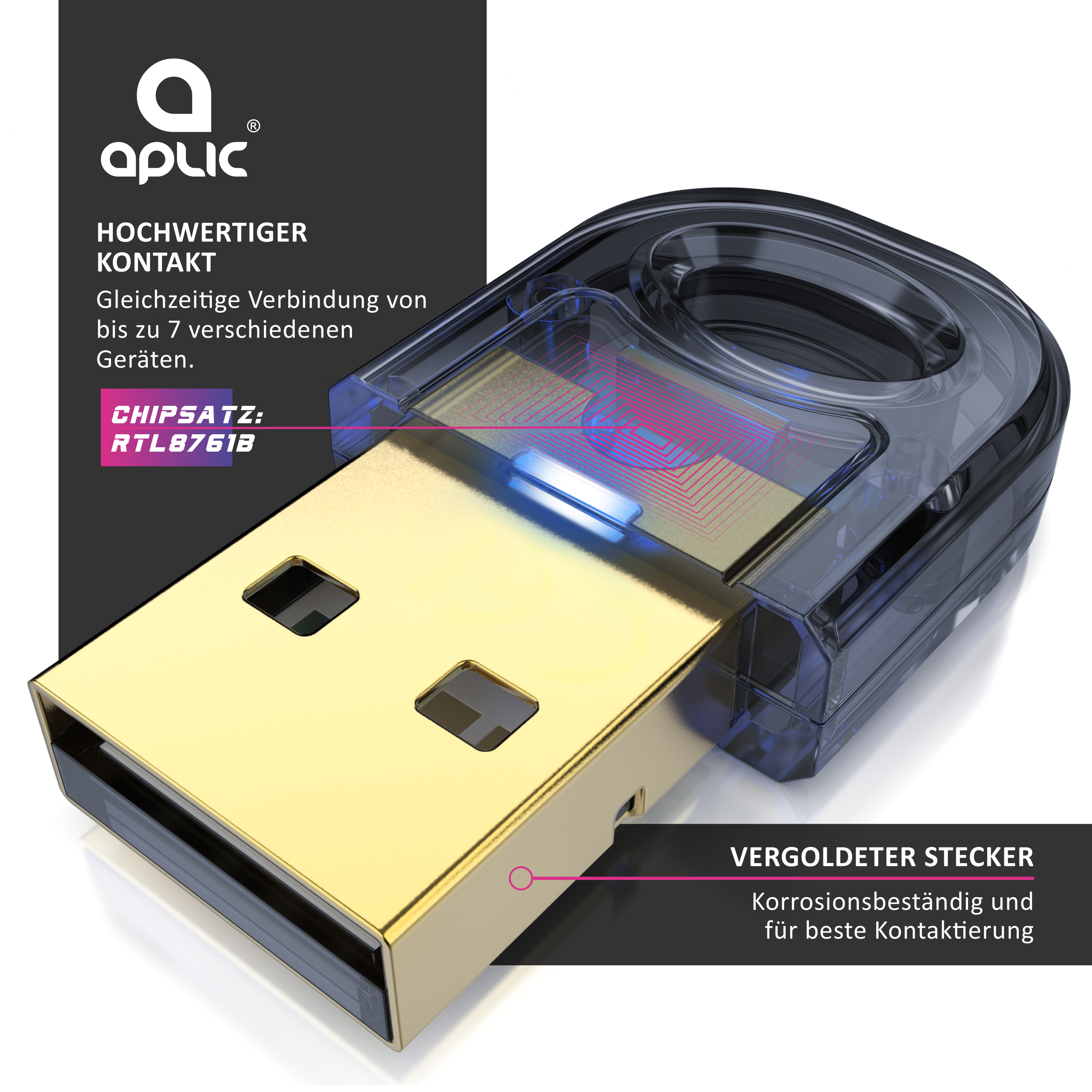 Goldener USB-Stecker mit transparentem Gehäuse, integriertem Chip und Textfeldern zur Produktbeschreibung.