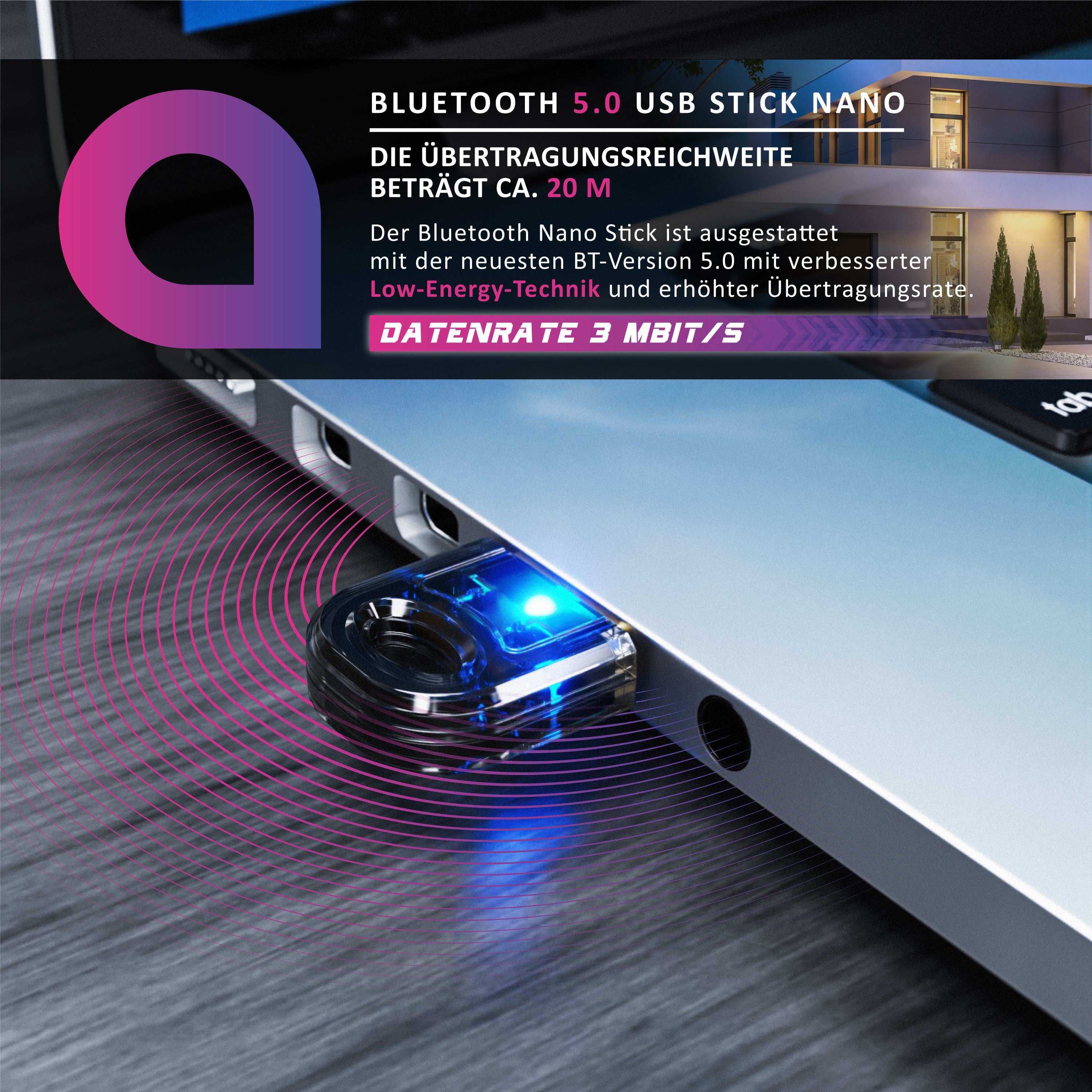 Ein blauer Bluetooth 5.0 Nano USB-Stick ist in einem Laptop eingesteckt, umgeben von violetten Signalwellen.