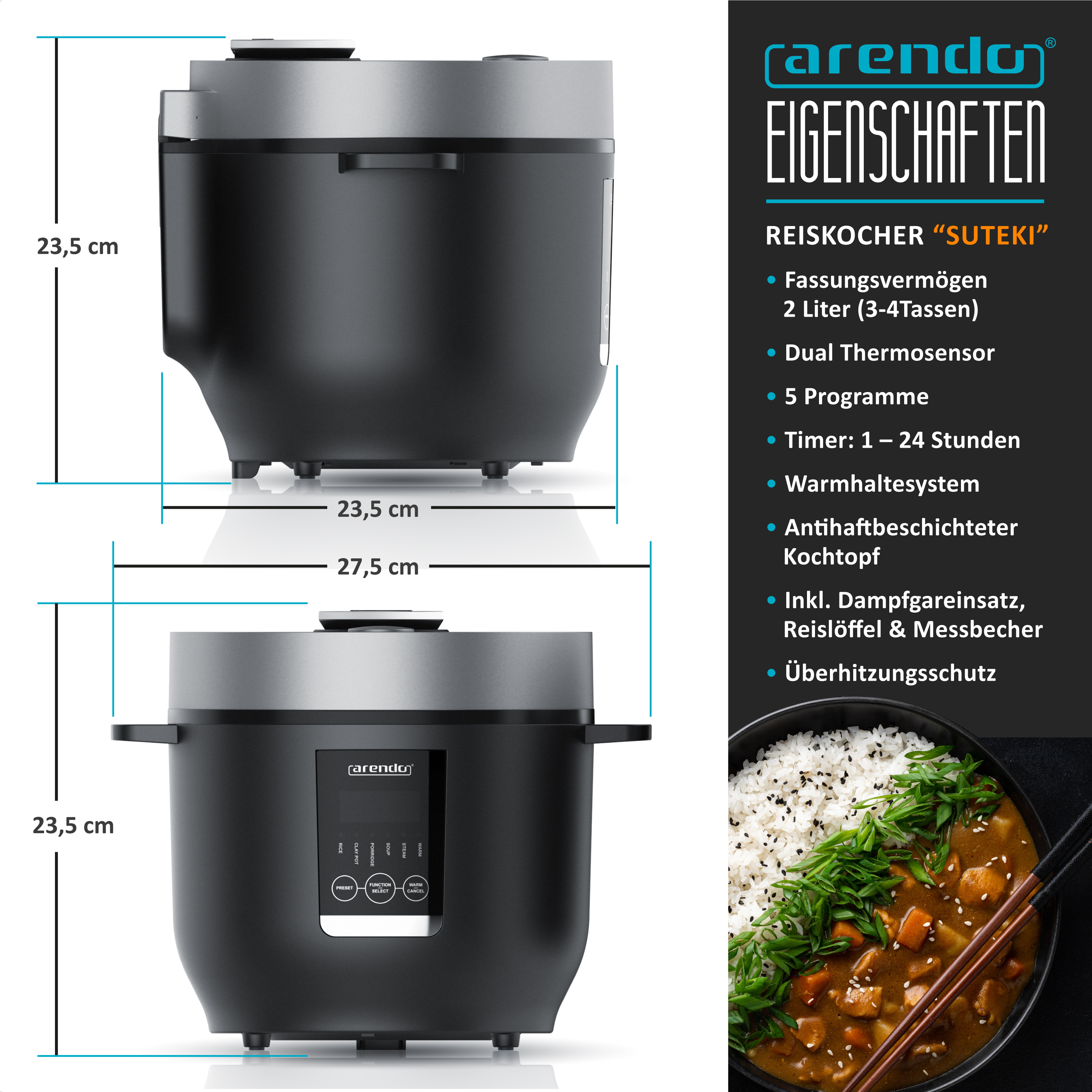 Schwarzer Reiskocher mit Maßen, Produktmerkmalen auf Deutsch und einer Schüssel Curry mit Reis.