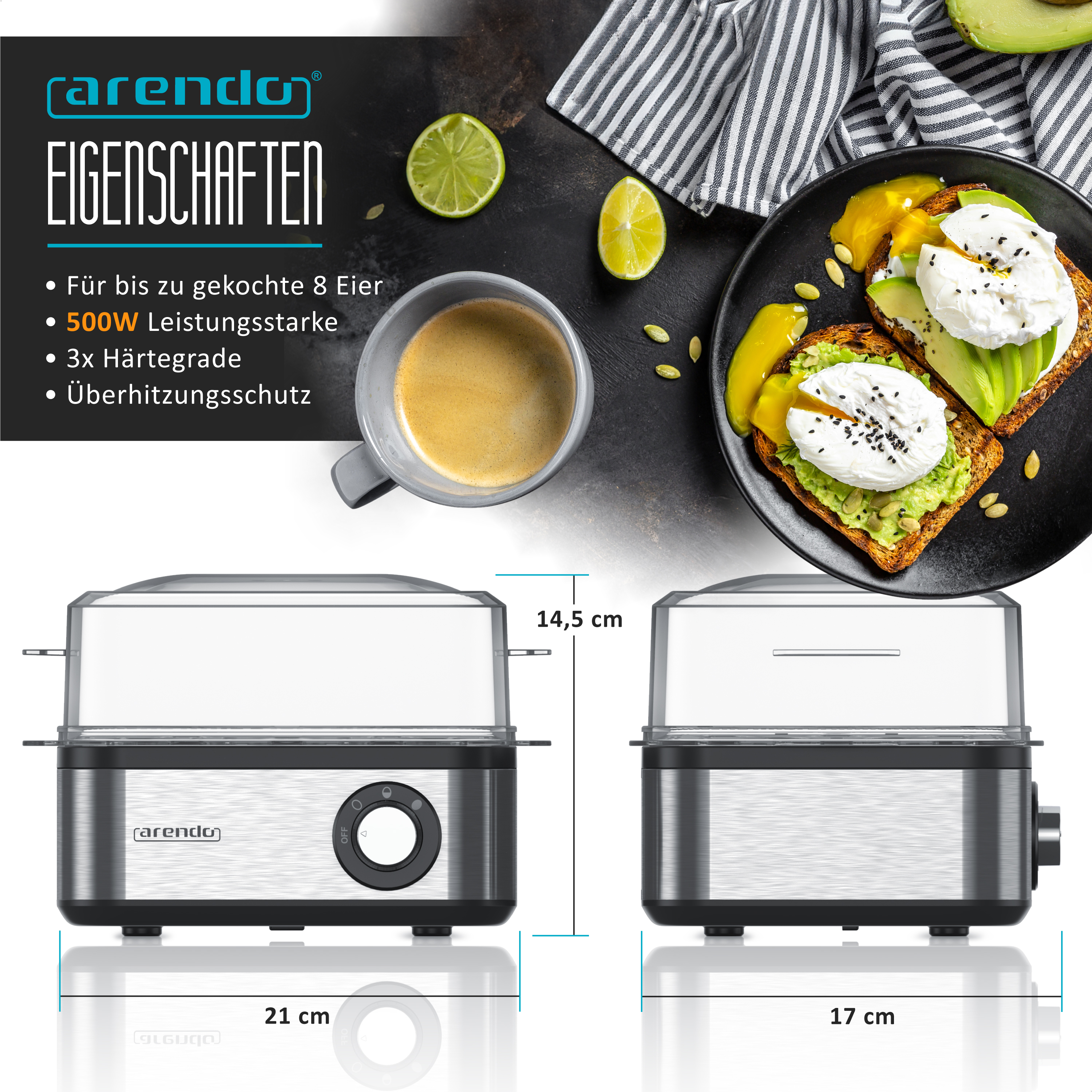 Arendo Eierkocher-Eigenschaften mit Frühstück und Maßangaben.