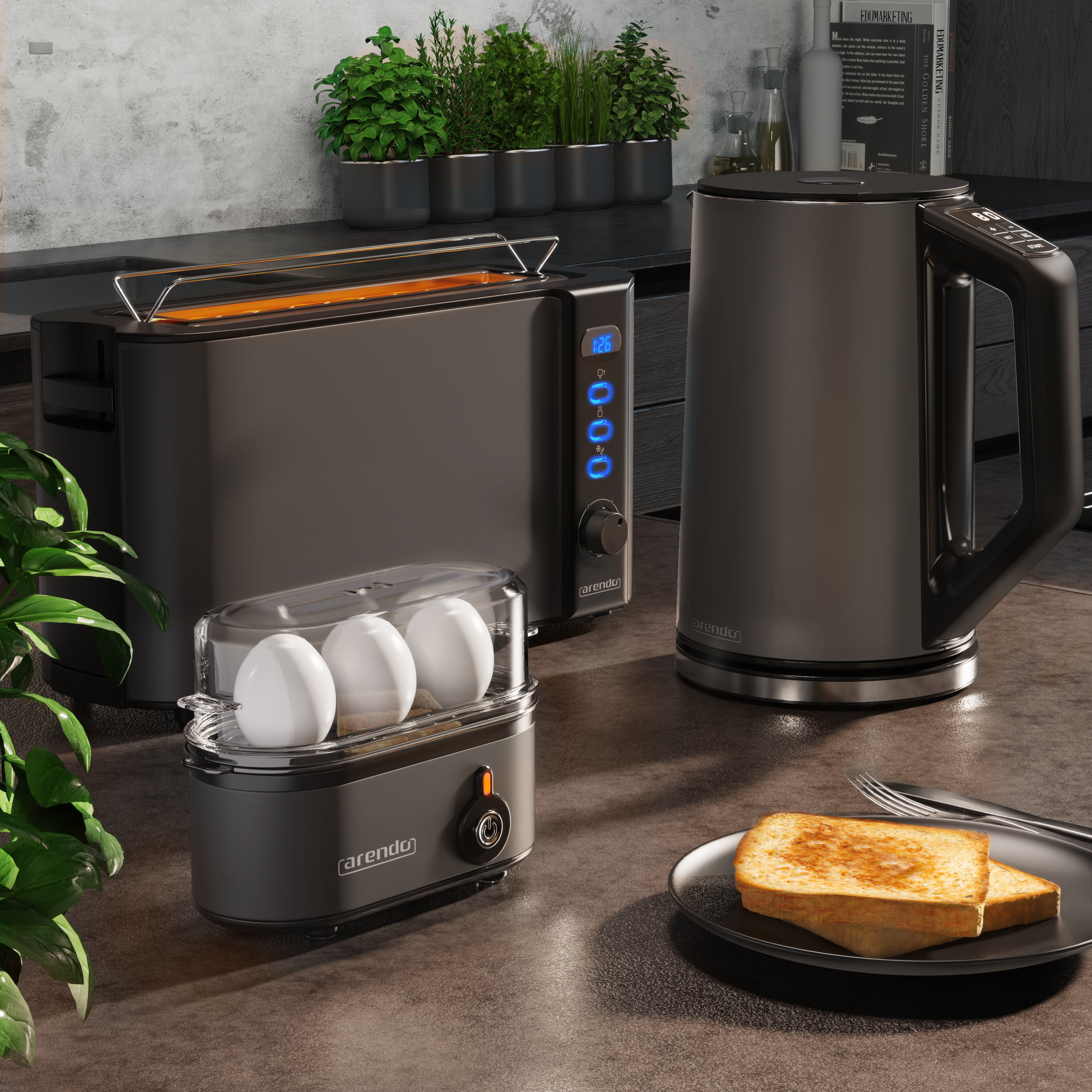 Moderne schwarze Küchengeräte auf einer Theke mit Eiern, Toast auf einem Teller und Pflanzen im Hintergrund.