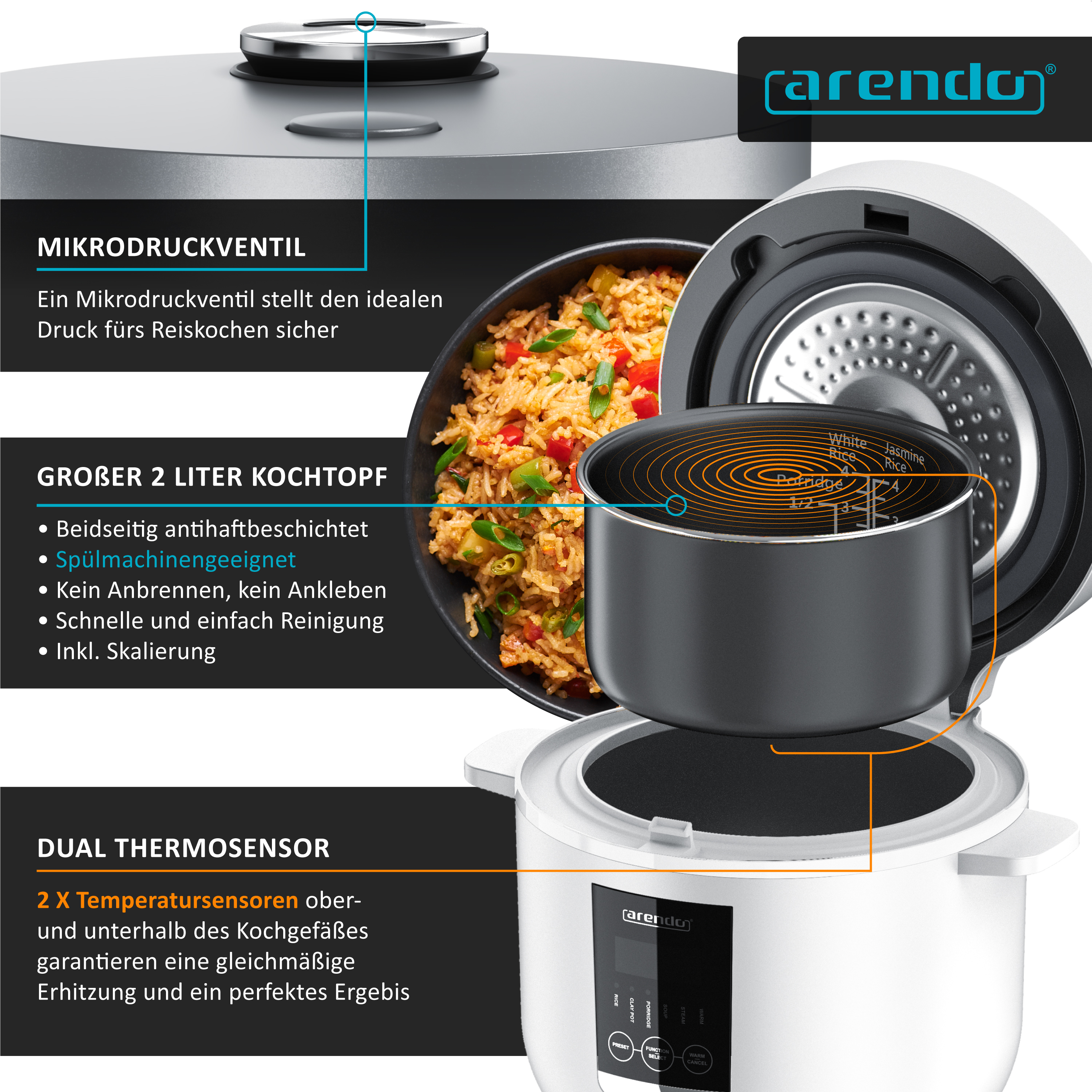 Arendo Reiskocher mit Mikrodruckventil, 2-Liter-Topf und Dual-Thermosensor.