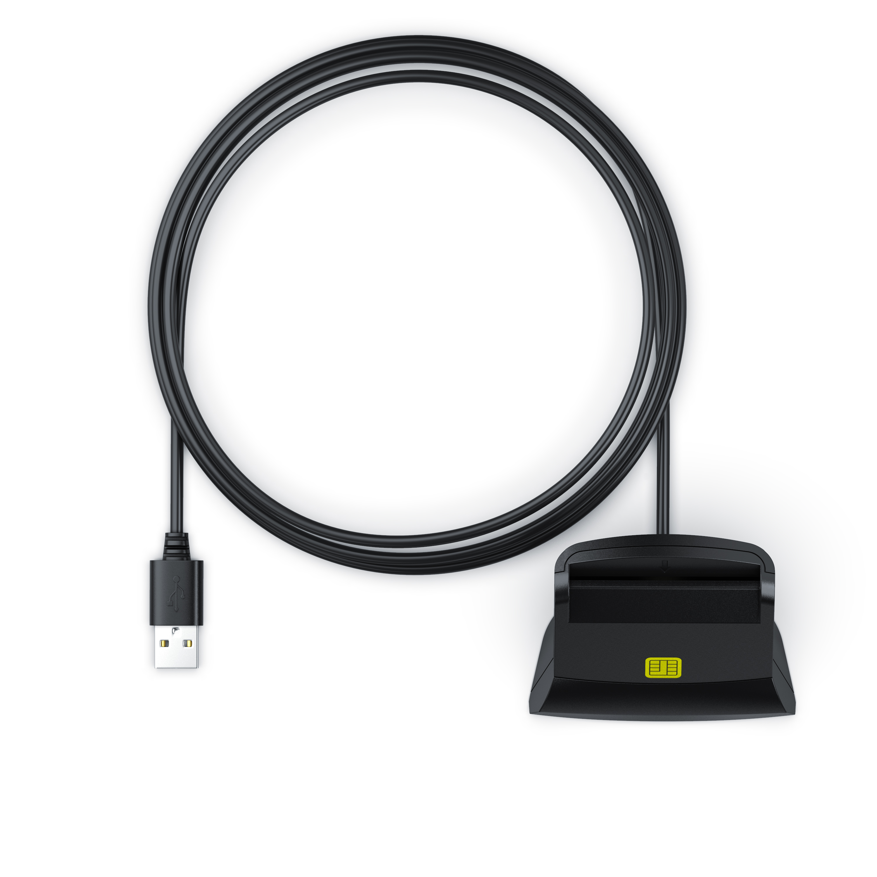 Ein aufgerolltes schwarzes USB-Kabel ist mit einem Smartcard-Leser und einem USB-A-Stecker auf weißem Hintergrund verbunden.