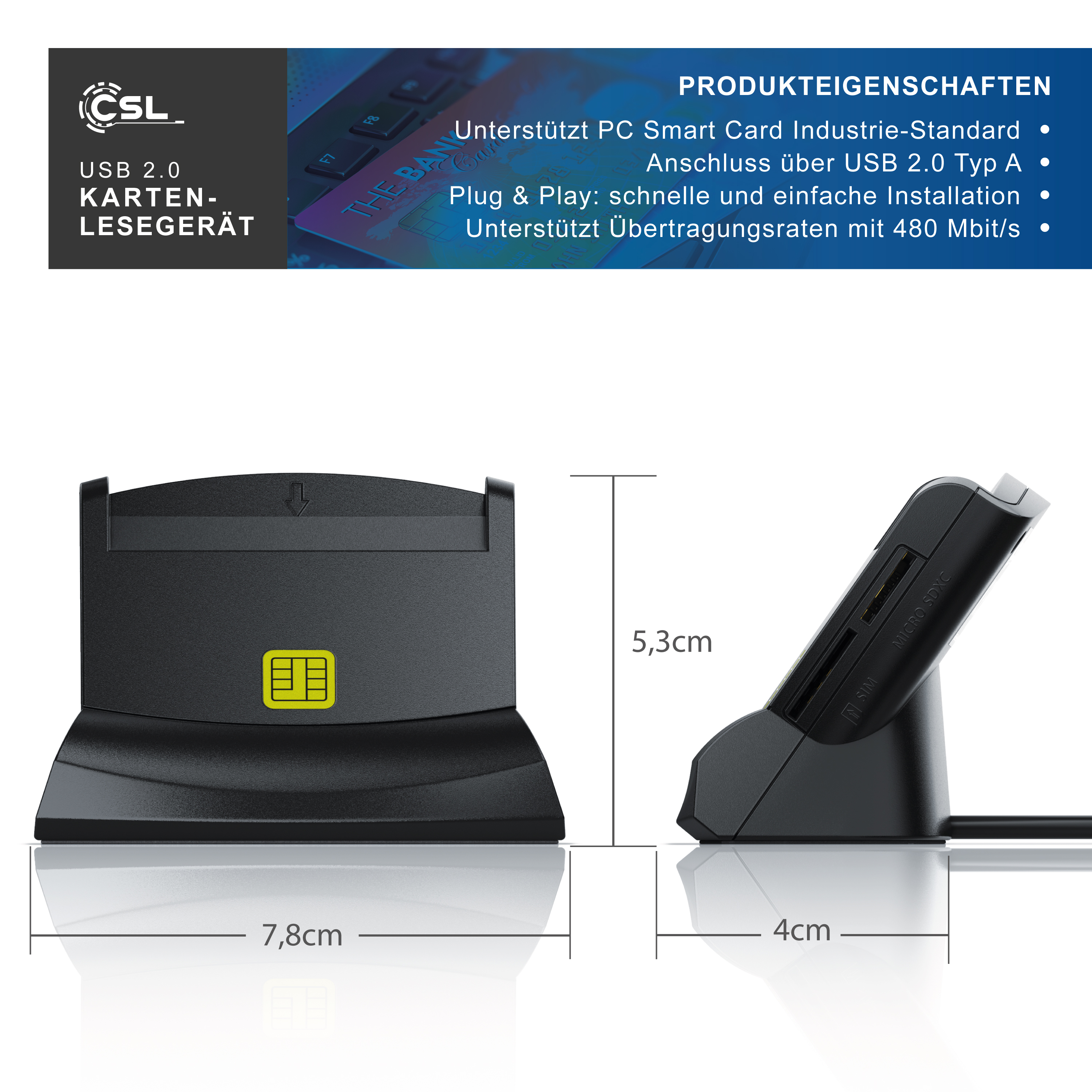Schwarzes USB 2.0 Kartenlesegerät mit Maßen und Produktmerkmalen.