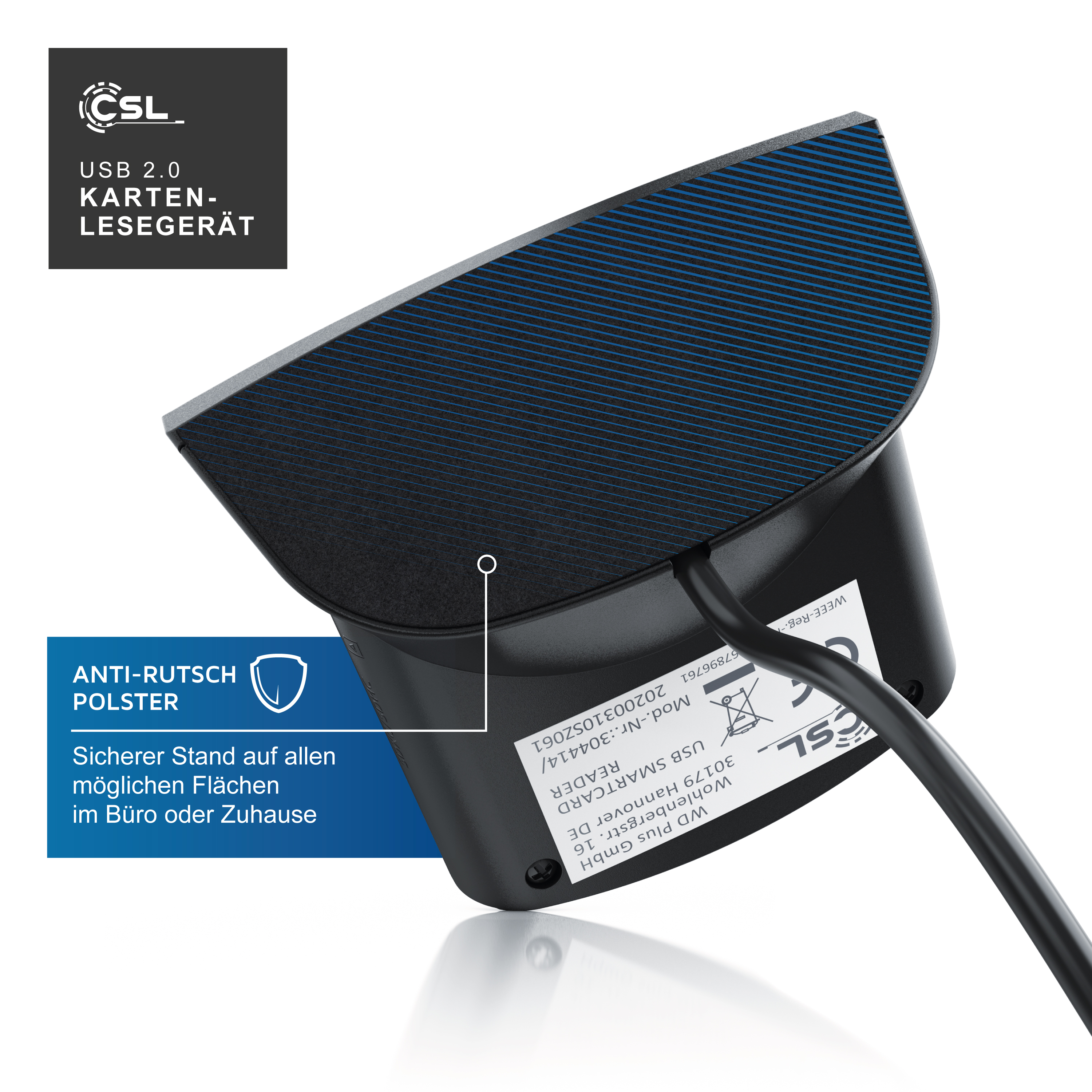 Schwarzes CSL USB 2.0 Kartenlesegerät von unten mit blauer Anti-Rutsch-Fläche und Kabel.