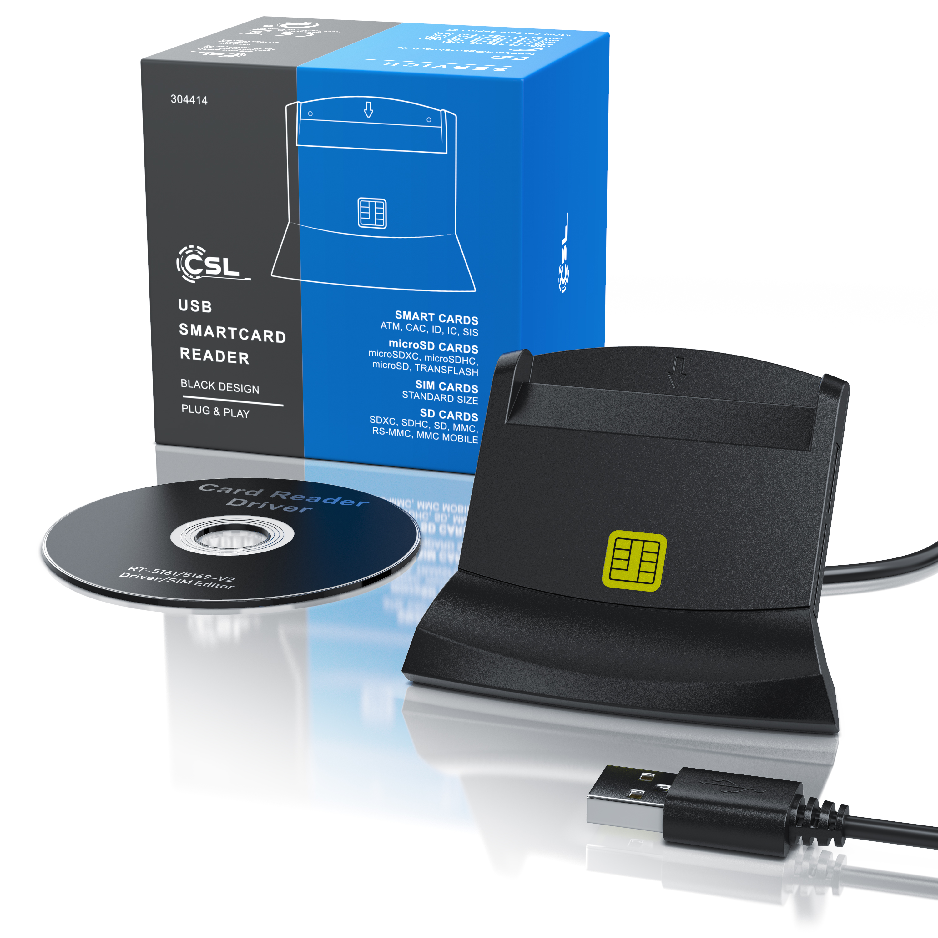 Ein schwarzer USB-Kartenleser, ein Treiber-CD und eine blau-schwarze Verpackungsbox.