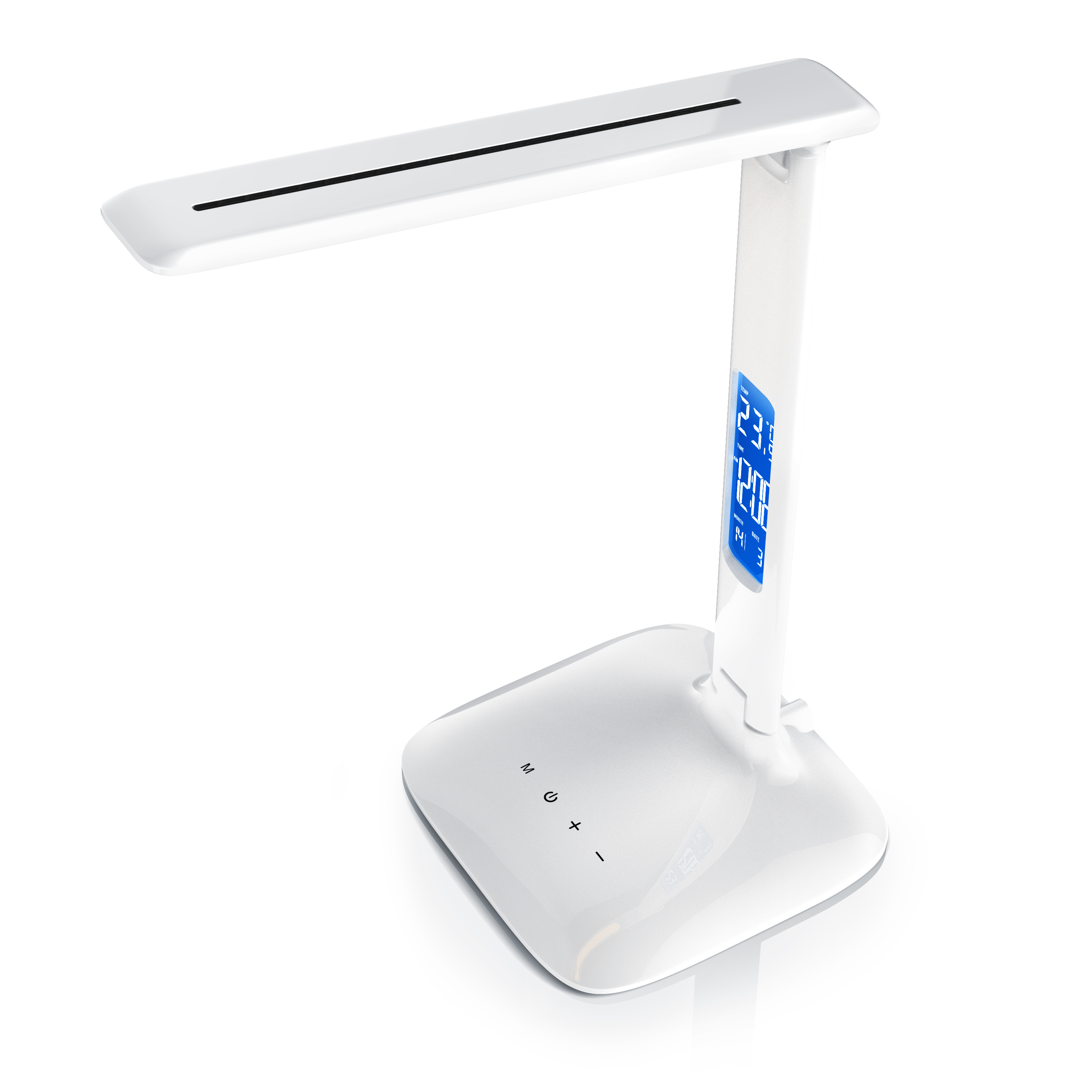 Eine moderne weiße LED-Schreibtischlampe mit digitalem Display am Stiel und Touch-Steuerung am Sockel.