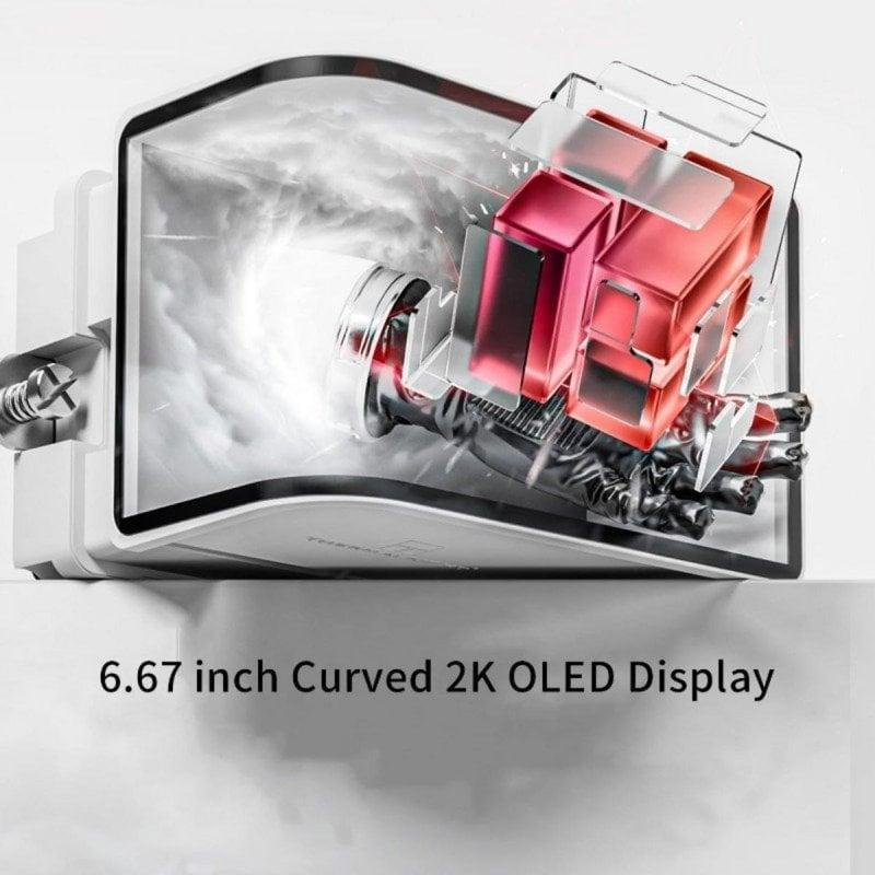 Un gráfico de pantalla OLED 2K curva de 6.67 pulgadas con componentes internos en vista explosionada 3D.