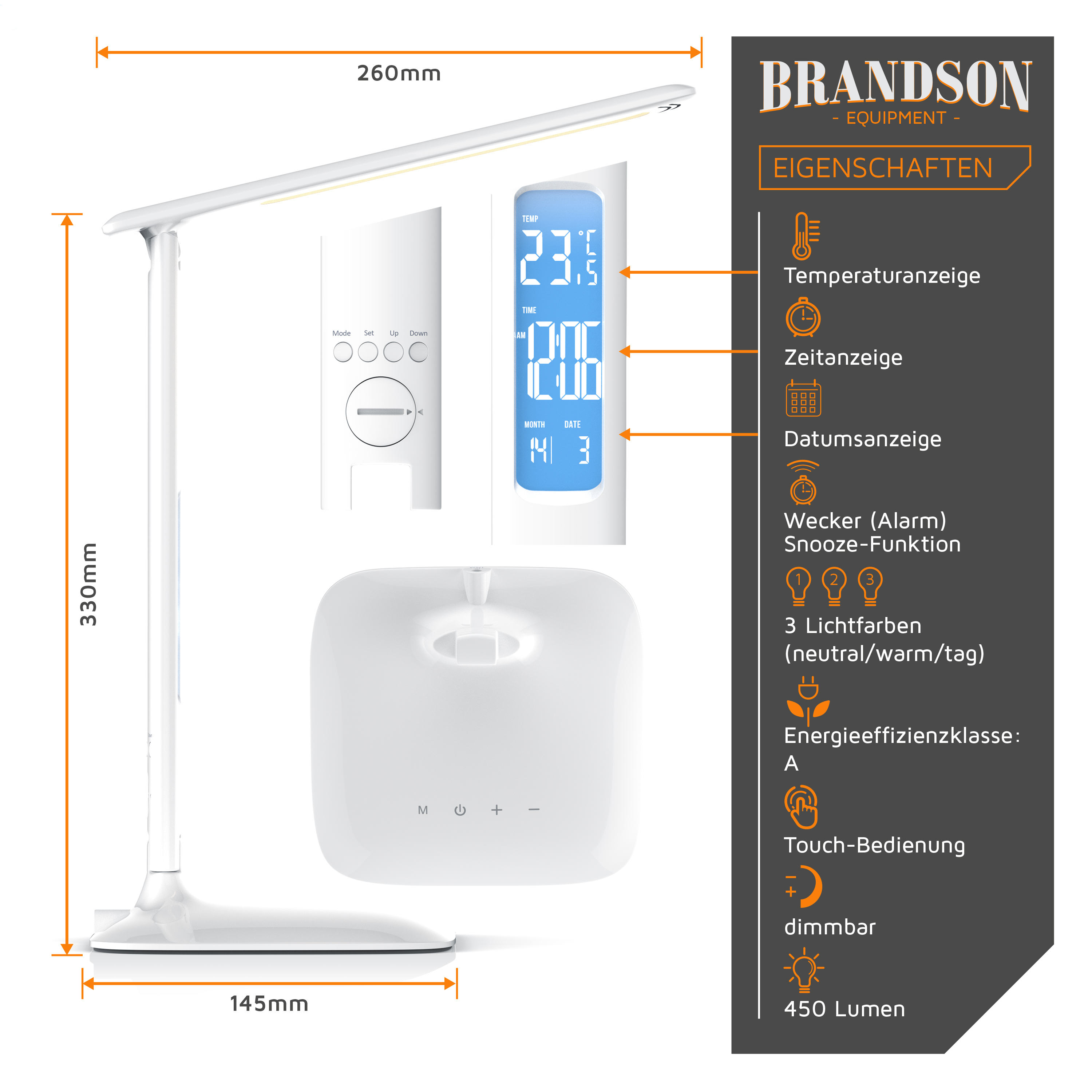 Weisse Schreibtischlampe mit Abmessungen, LCD-Display für Temperatur, Zeit und Datum sowie Funktionsliste rechts.