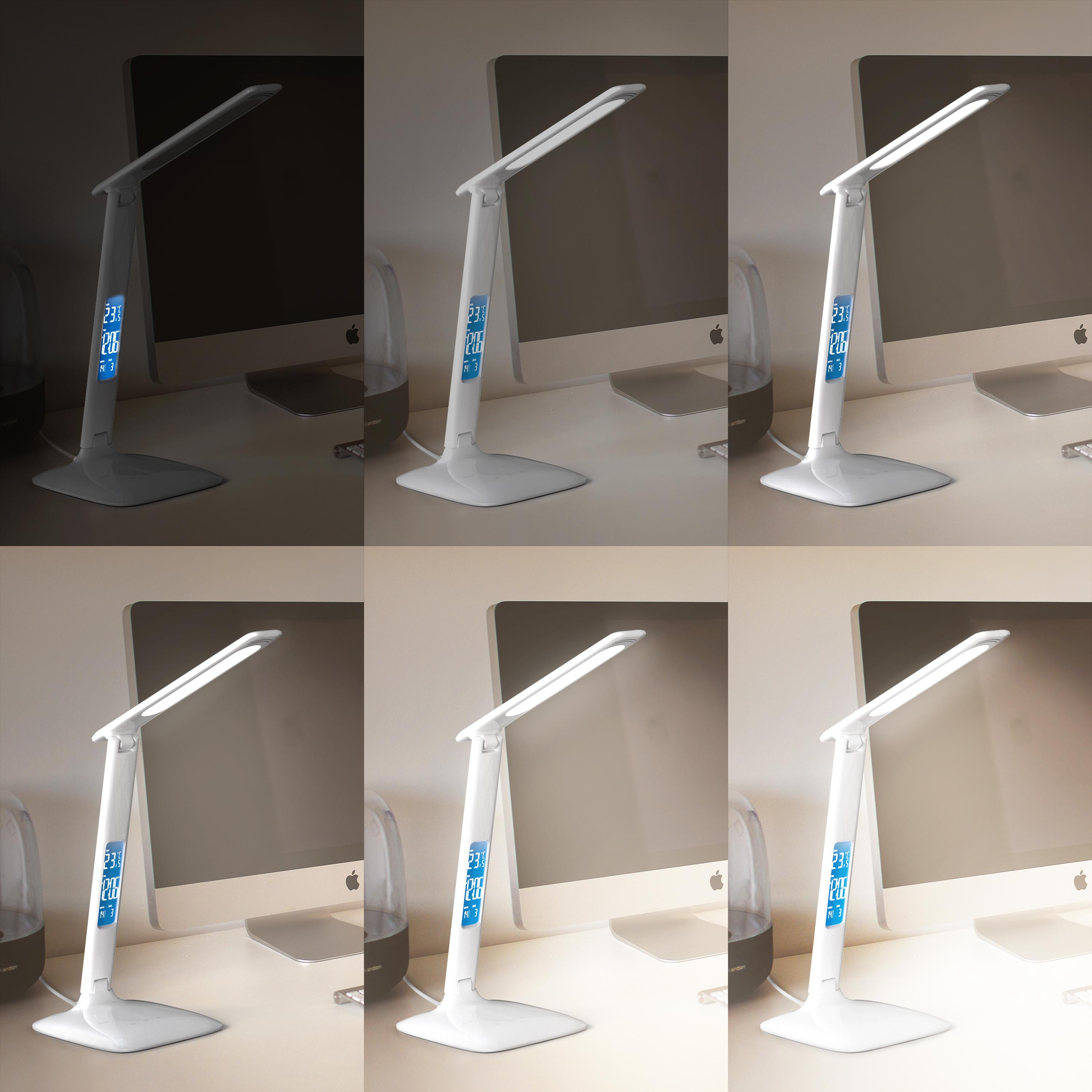 Sechs Bilder zeigen eine weiße Schreibtischlampe mit blauem Display in verschiedenen Helligkeitsstufen vor einem Monitor.