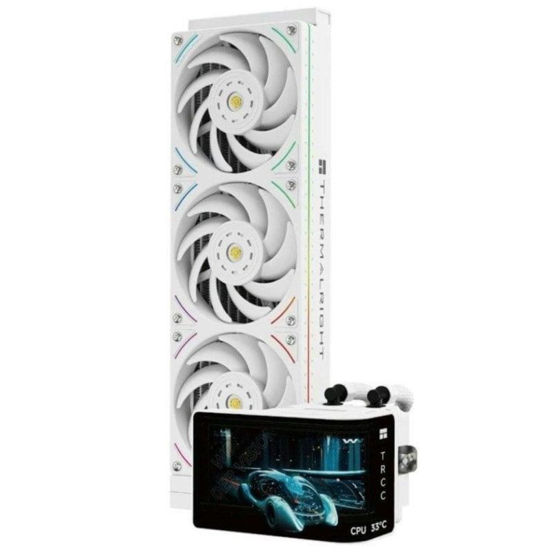 Un refrigerador de agua para PC blanco con tres ventiladores iluminados y una pantalla con gráficos.