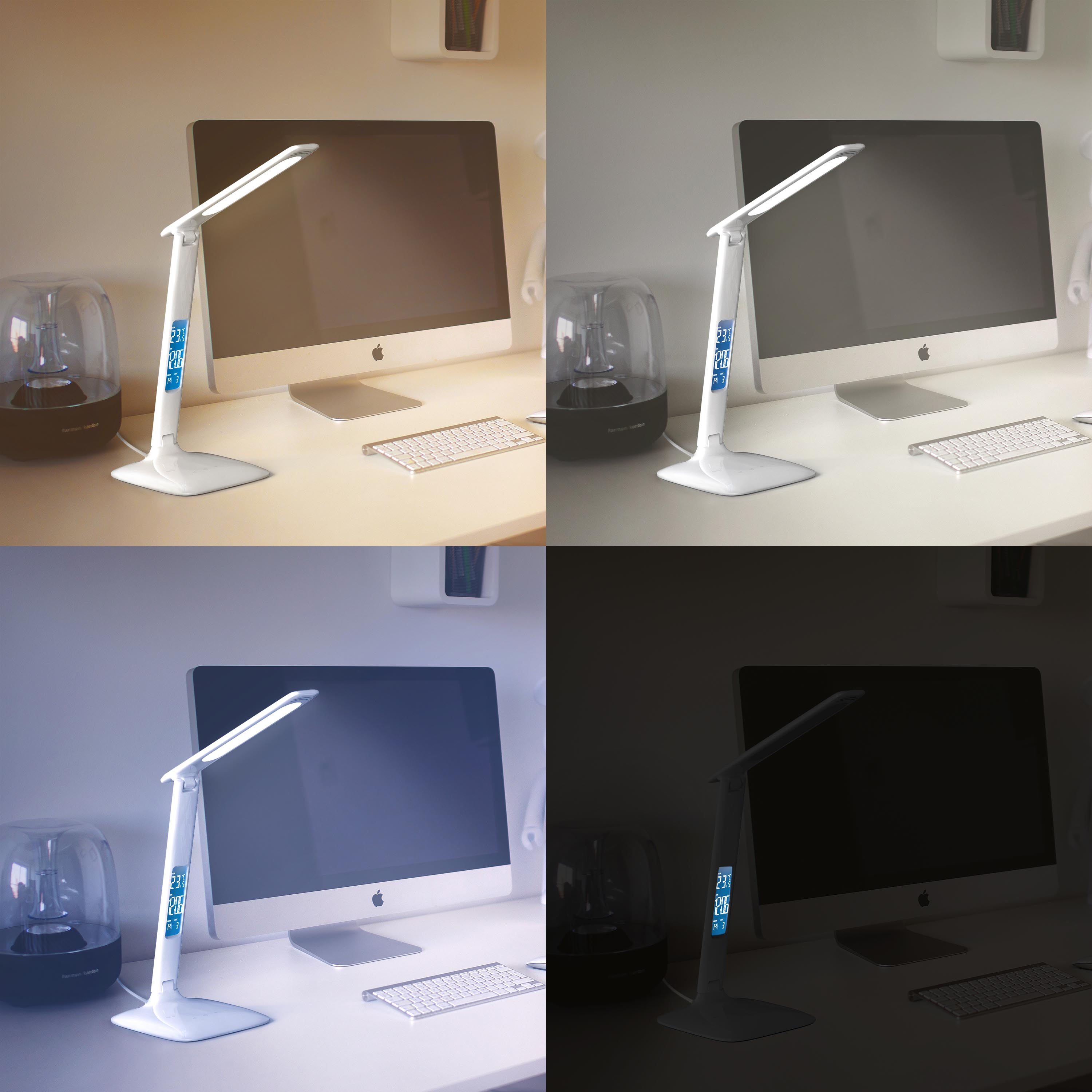 Eine Schreibtischlampe, ein Computer und Lautsprecher auf einem Tisch, gezeigt in vier verschiedenen Lichtmodi.