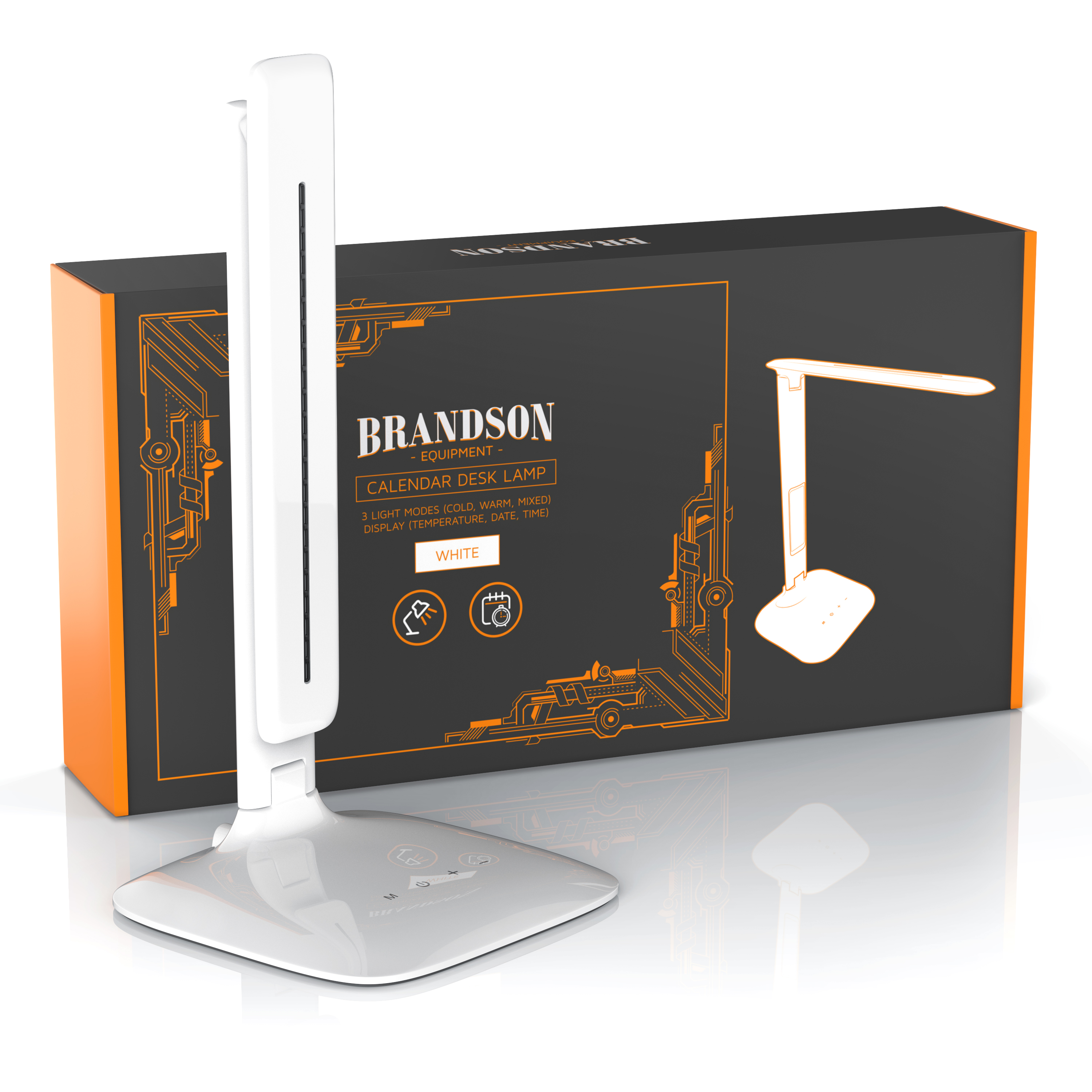 Eine weiße Schreibtischlampe steht vor einer schwarzen und orangefarbenen Produktverpackung.