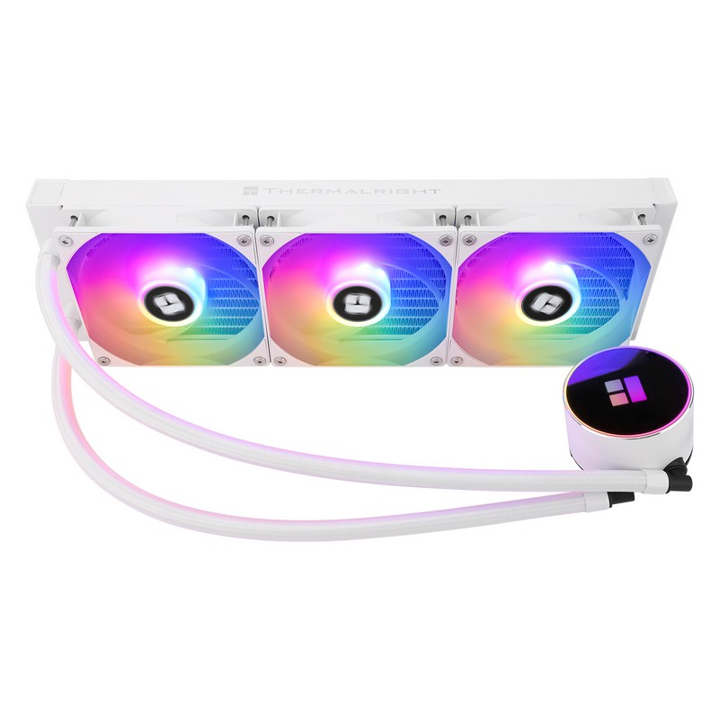 Un refrigerador líquido blanco para PC con tres ventiladores RGB iluminados y bloque de CPU.