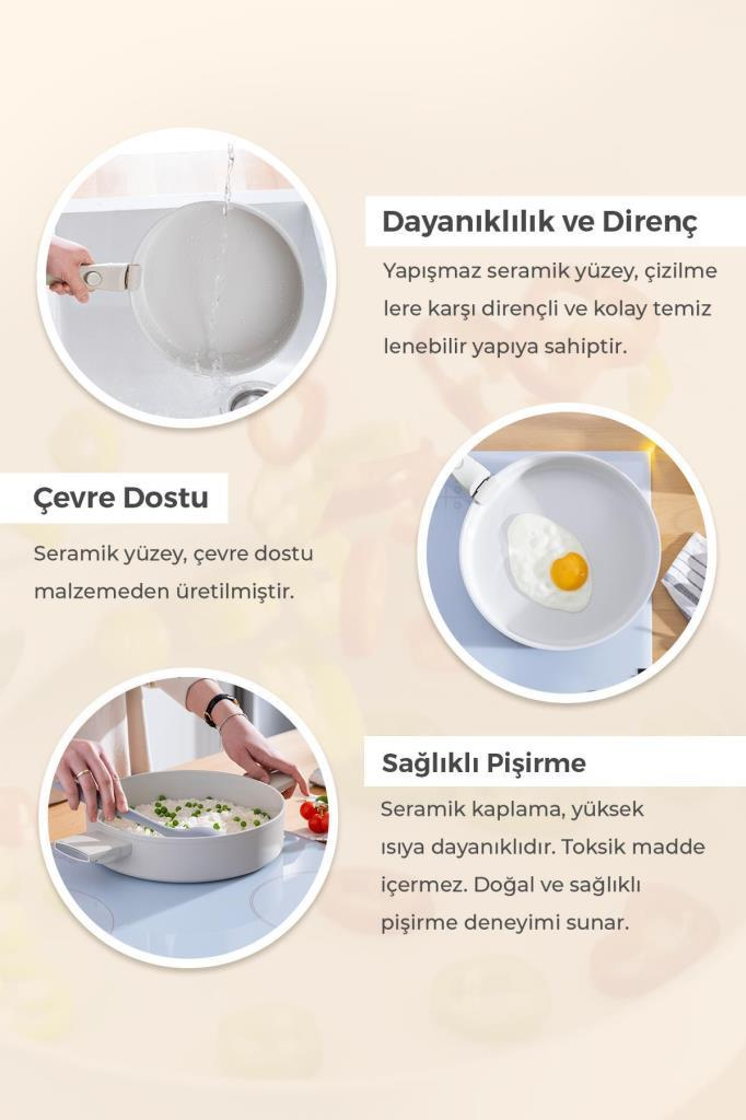 Dayanıklılık, çevre dostu ve sağlıklı pişirme özelliklerini anlatan metinlerle beyaz seramik tava reklamı.