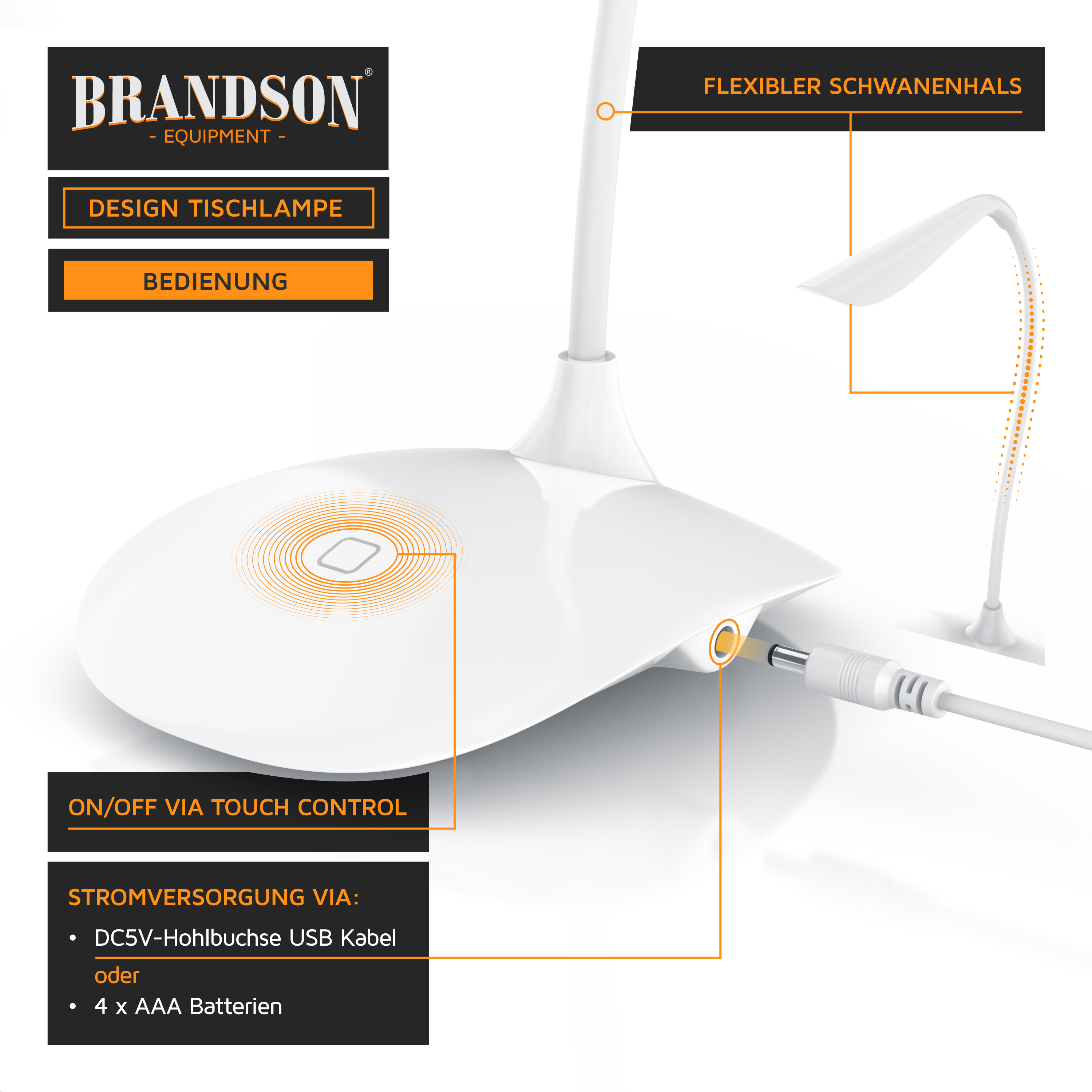 Weiße Brandson Tischlampe mit Touch-Steuerung, flexiblem Schwanenhals und USB-Anschluss.