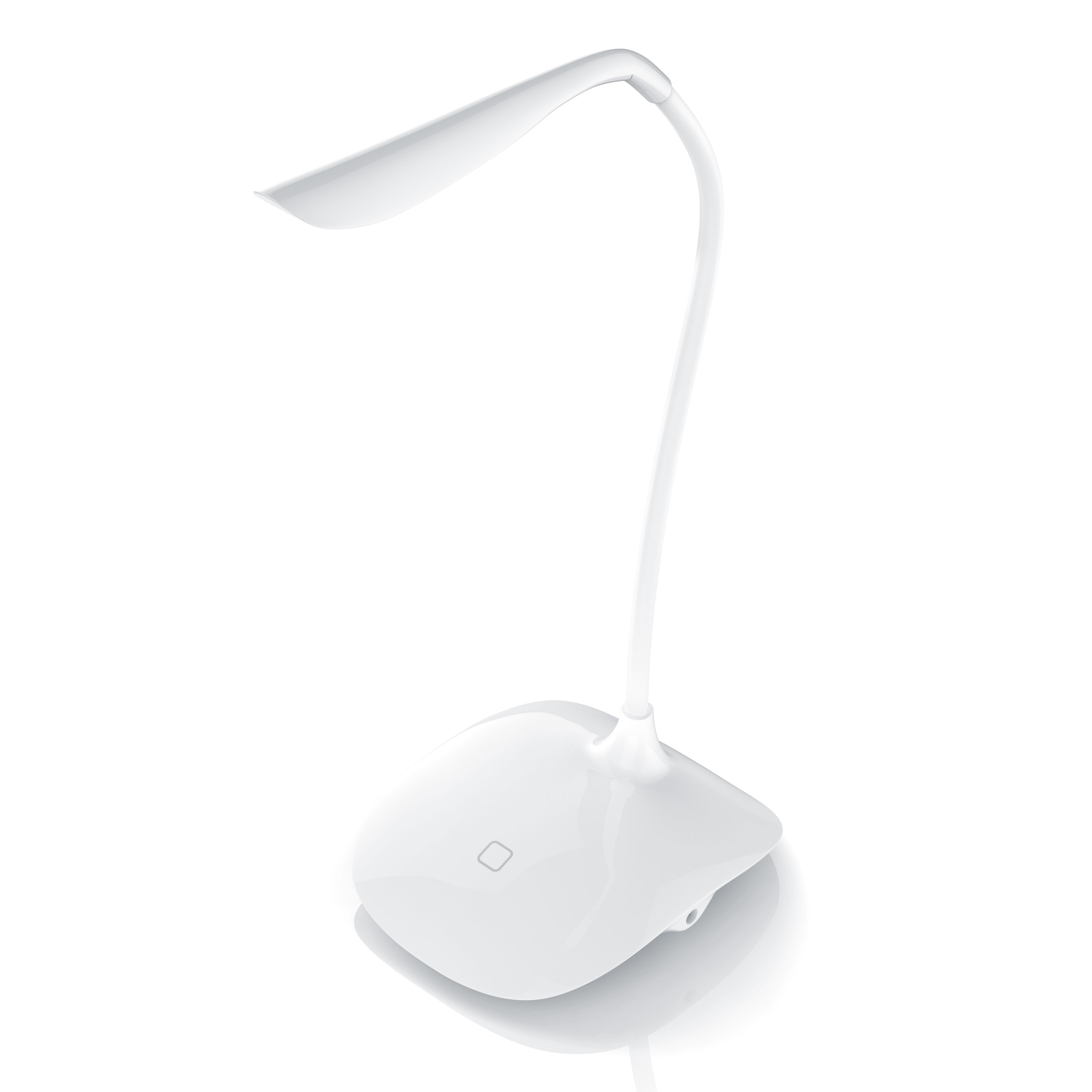 Eine moderne weiße Schreibtischlampe mit flexiblem Arm und flacher quadratischer Basis auf weißem Hintergrund.