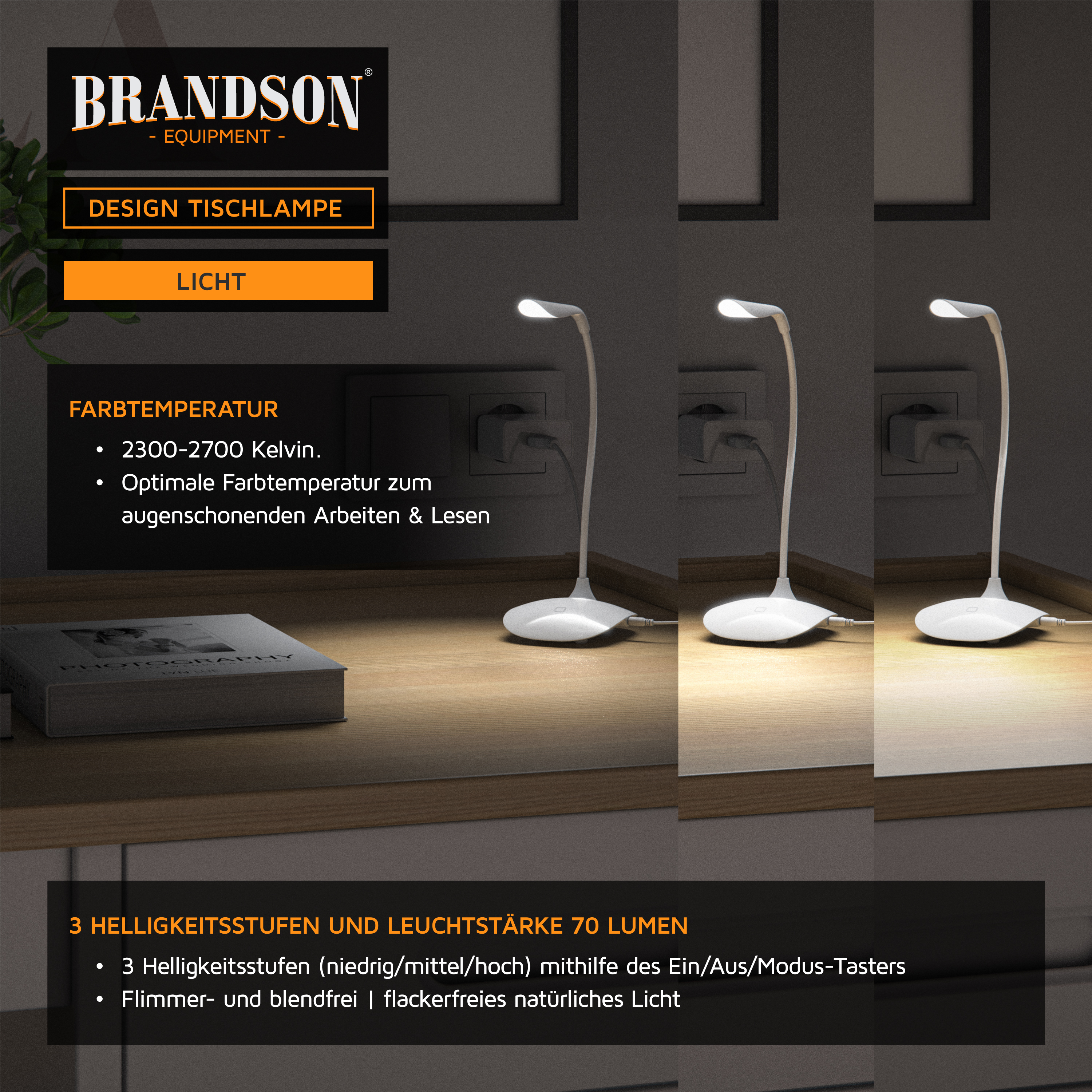 Produktwerbung für eine weiße Tischlampe mit einstellbarer Farbtemperatur und Helligkeit.