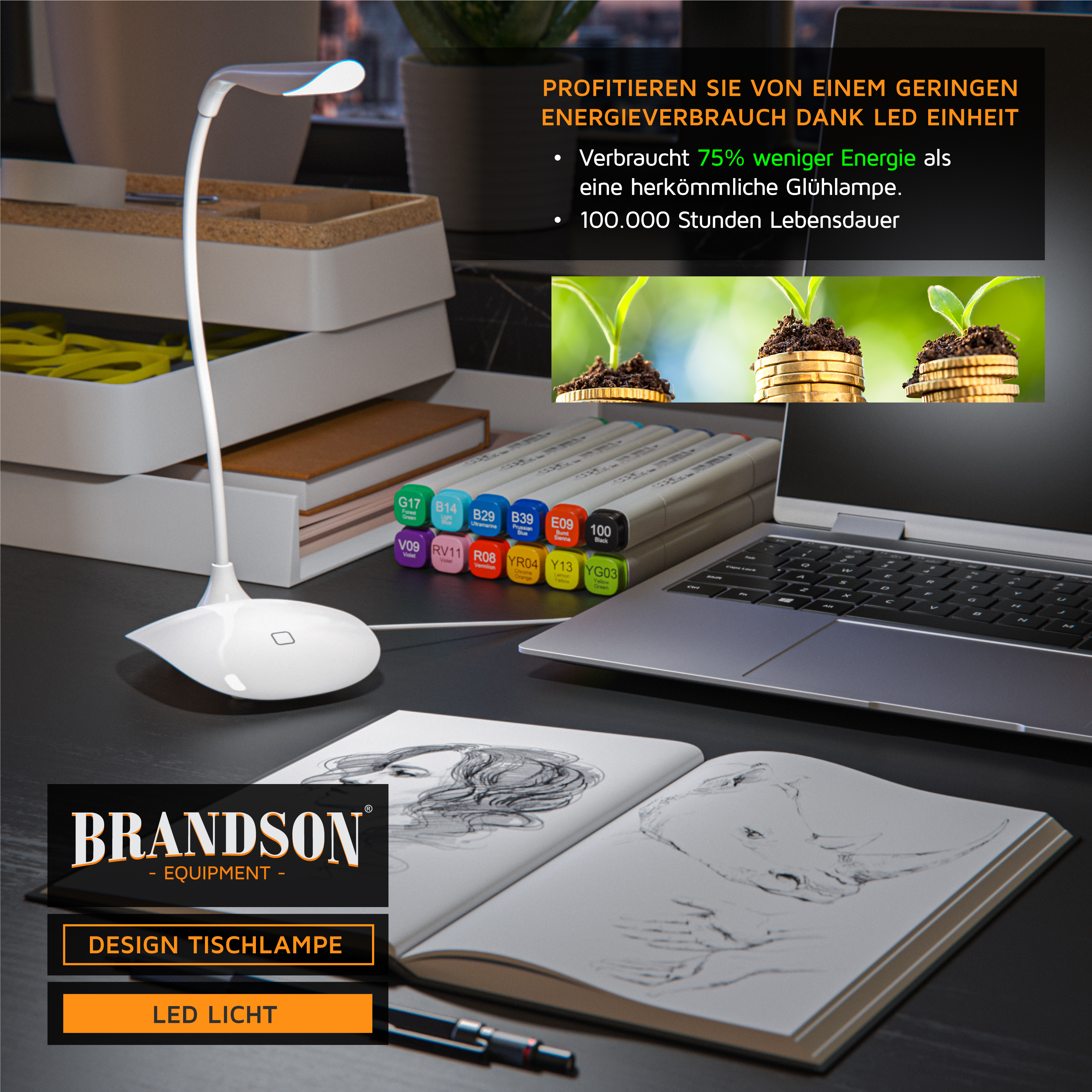 Eine weiße LED-Tischlampe auf einem Schreibtisch mit Skizzenbuch, Laptop und Textmarkern.