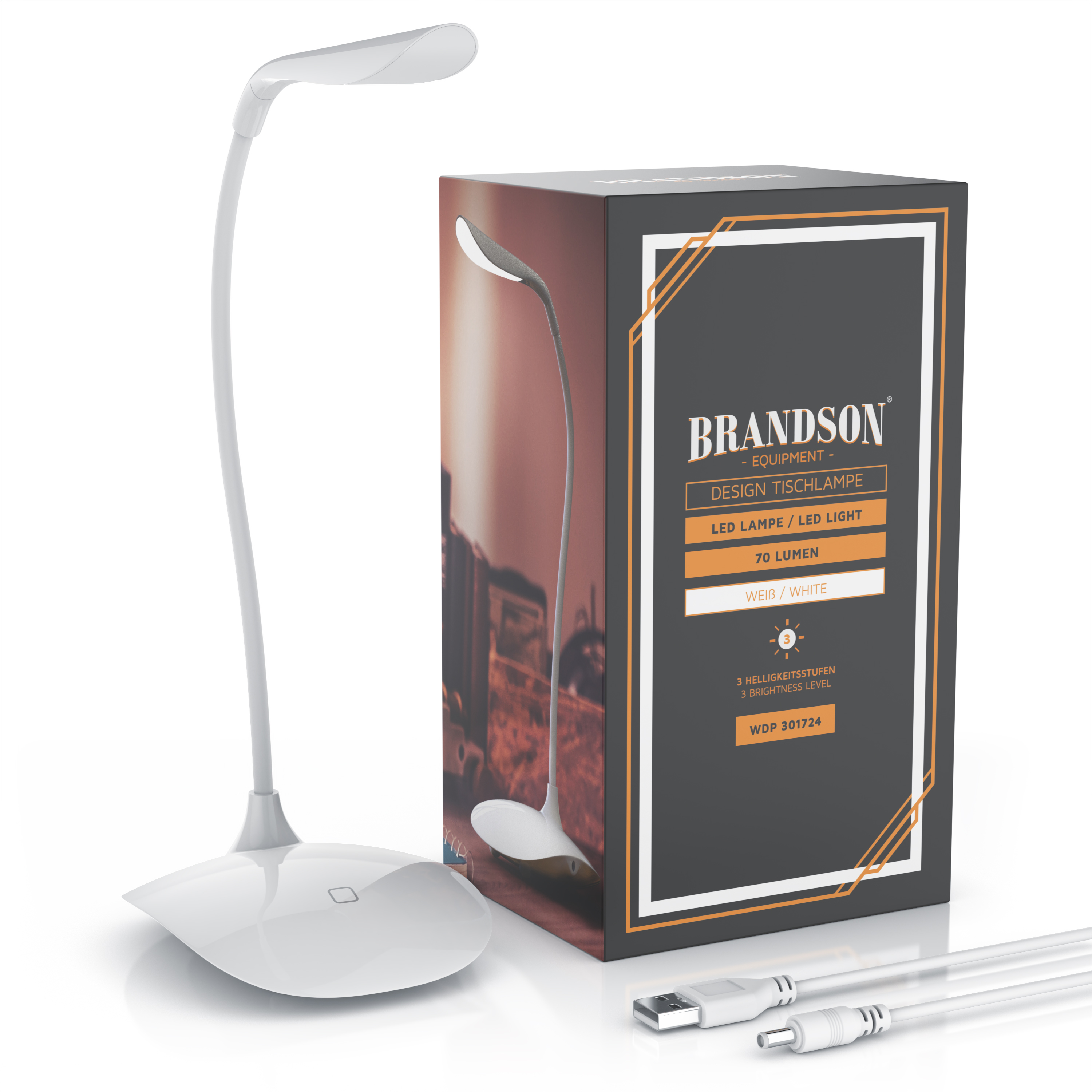 Eine weiße LED-Tischlampe von Brandson mit Box und USB-Kabel.