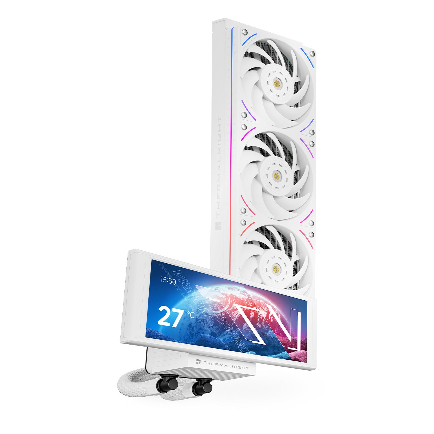 Radyatörlü, üç fanlı ve 27°C gösteren dijital ekranlı beyaz Thermalright CPU sıvı soğutucu.