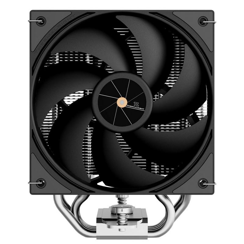 Un ventilador de CPU negro con aletas plateadas y tubos de calor curvos.