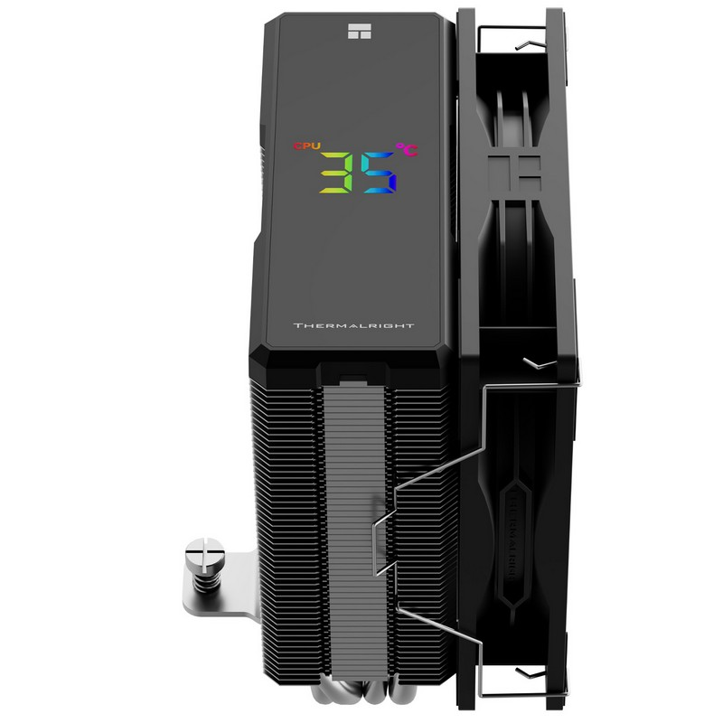 Disipador de CPU negro con pantalla digital que muestra 35 grados Celsius y un ventilador acoplado.